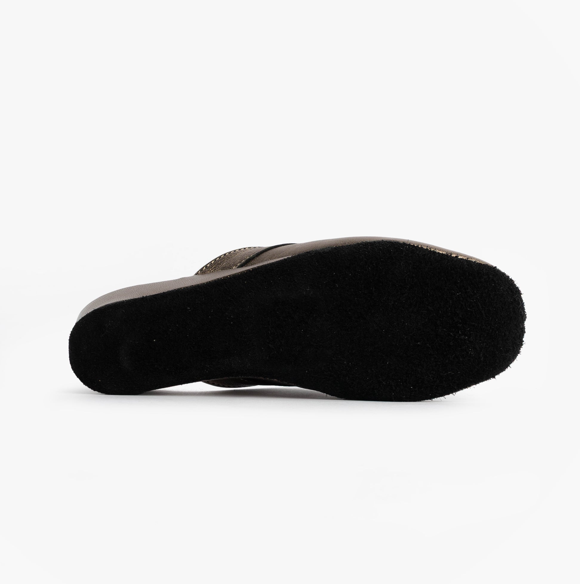 Chaleur FLORENCE Womens Mules Slippers Gold bottom view showing suede sole for comfort and durability