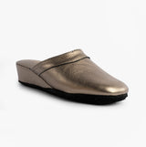 Chaleur FLORENCE Womens Mules Slippers Gold side view showing the elegant leather upper and comfortable low heel.