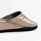 Chaleur FLORENCE Womens Mules Slippers Gold side view showing the sleek leather upper and soft suede sole