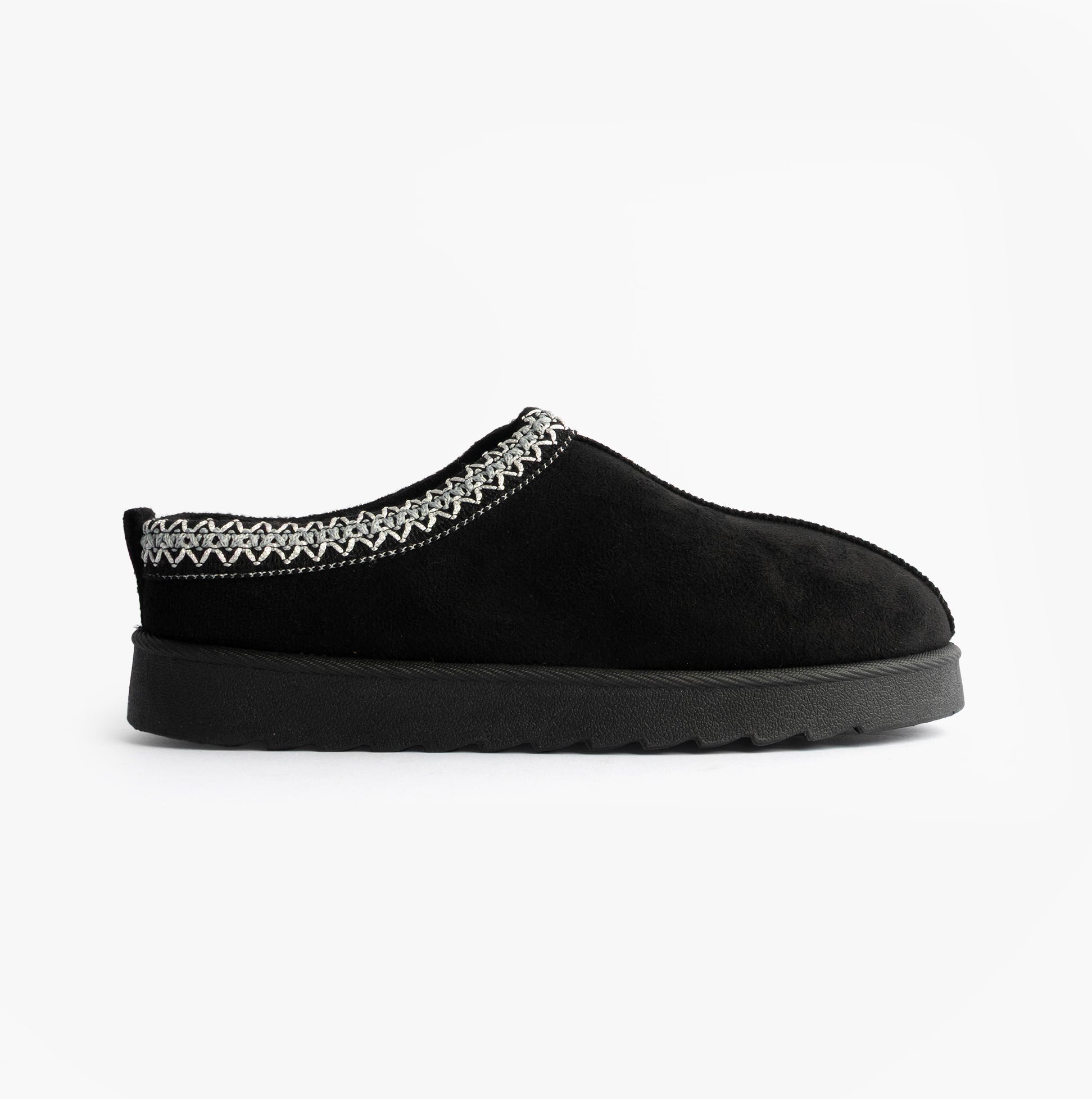 Cipriata DANA Womens Mules Slippers Black side view with black suede upper and decorative stitching.