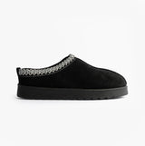 Cipriata DANA Womens Mules Slippers Black side view with black suede upper and decorative stitching.