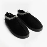 Cipriata DANA Womens Mules Slippers Black side view showcasing suede upper and faux fur lining.