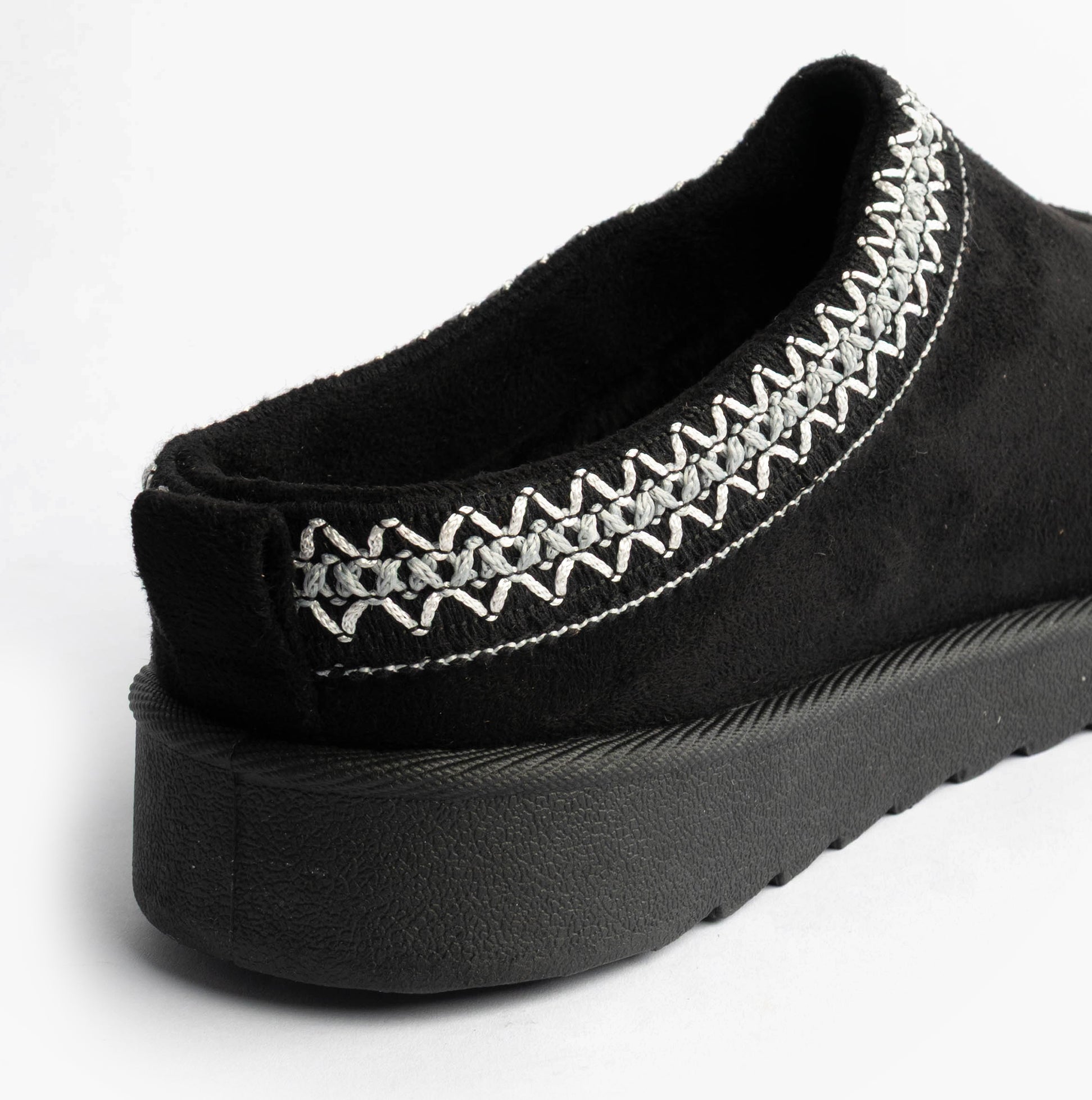 Cipriata DANA Womens Mules Slippers Black back view detail with suede upper and decorative stitching.