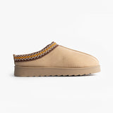 Cipriata DANA Womens Mules Slippers Beige side view with decorative stitching, featuring soft suede upper and slip-on design.
