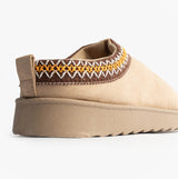 Cipriata DANA Womens Mules Slippers Beige side view showing suede upper with decorative stitching and low profile sole.