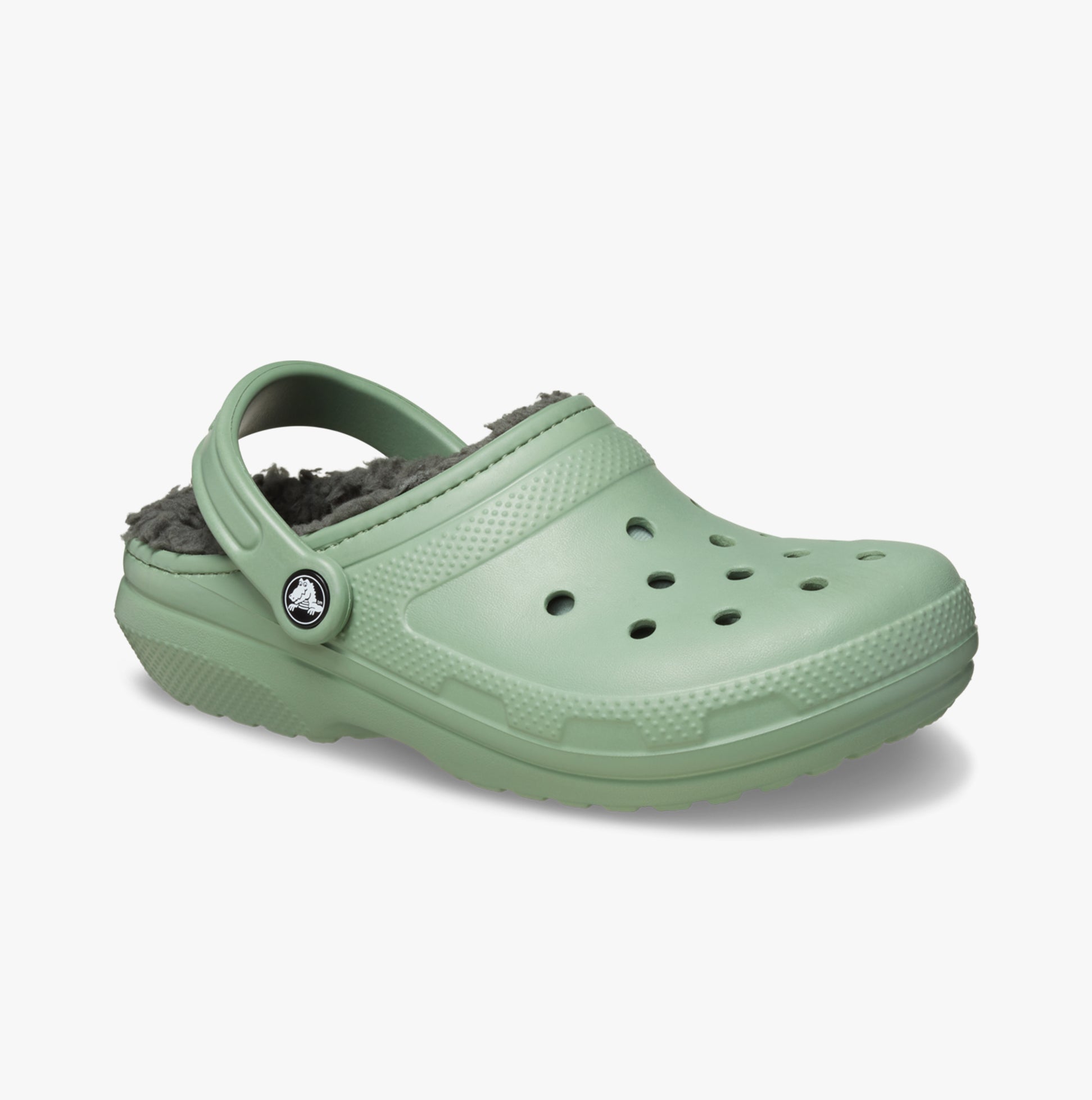 Crocs 203591-3WP CLASSIC LINED Unisex Clogs Moss/Multi side view showcasing faux fur lining and Croslite material.