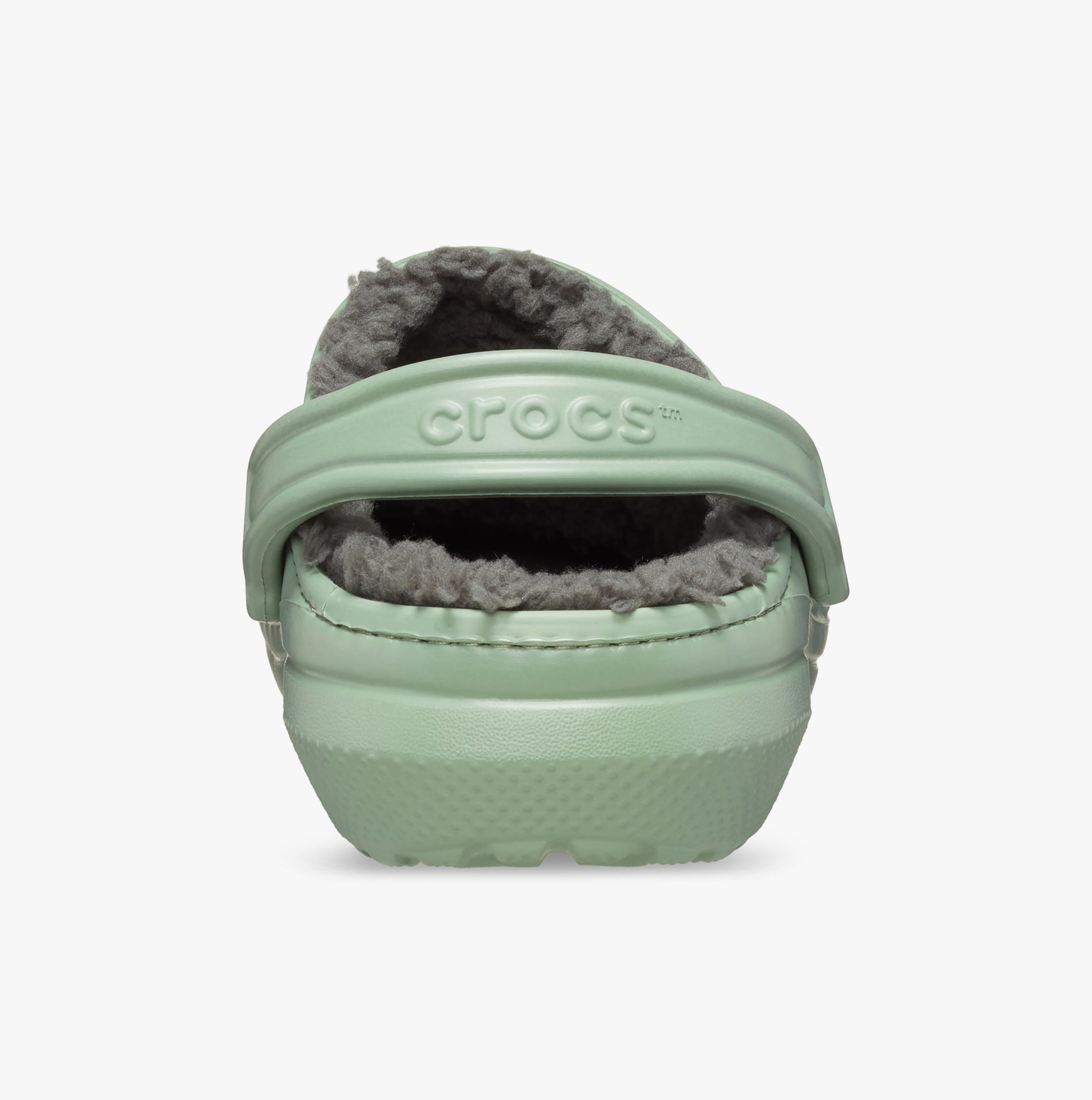 Crocs 203591-3WP CLASSIC LINED Unisex Clogs Moss/Multi back view showcasing soft faux fur lining.