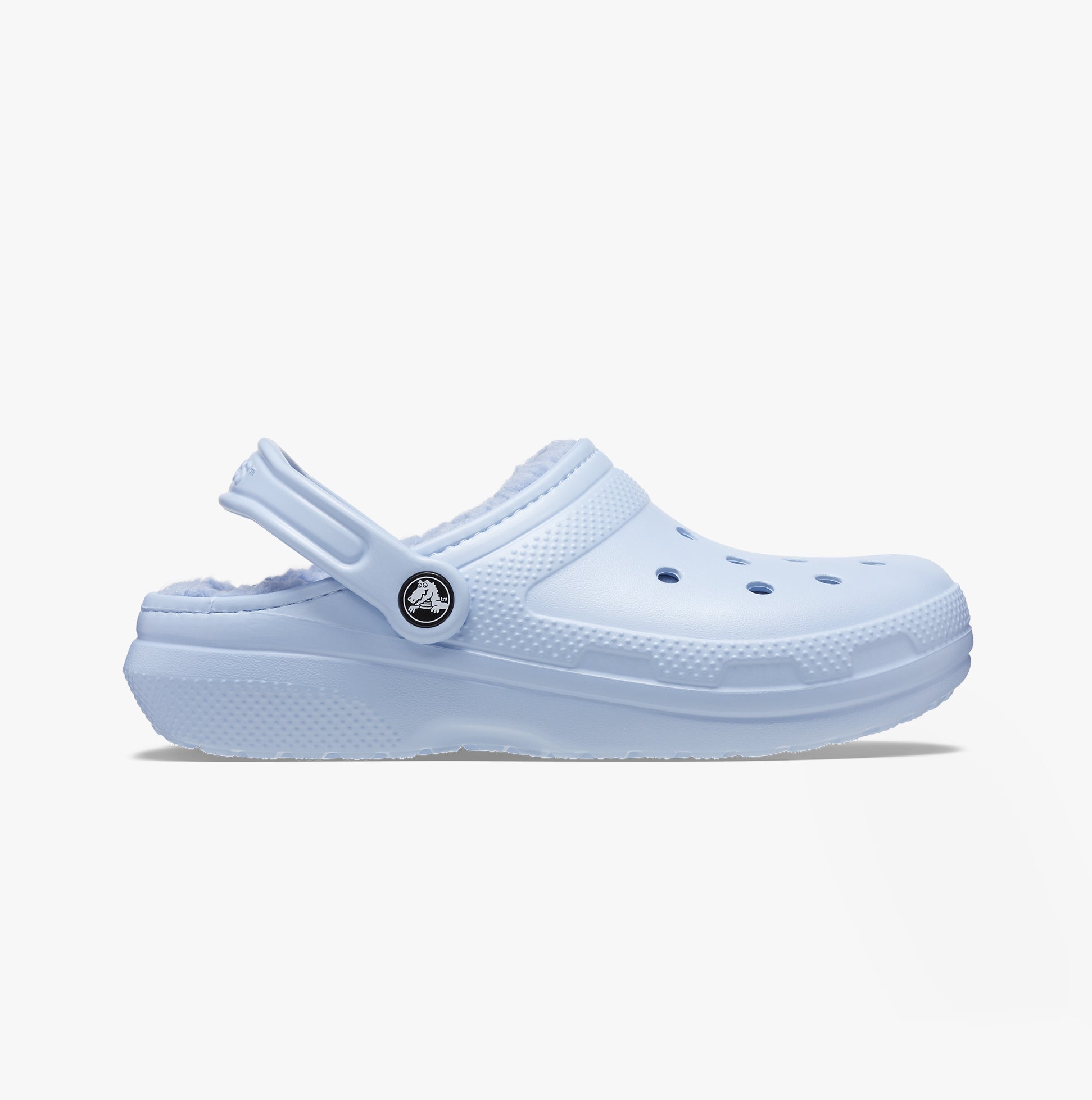 Crocs 203591-4NS CLASSIC LINED Womens Clogs Blue Calcite side view featuring faux fur lining and slip-on design.