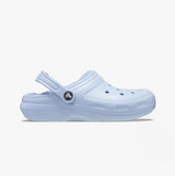 Crocs 203591-4NS CLASSIC LINED Womens Clogs Blue Calcite side view featuring faux fur lining and slip-on design.