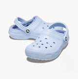 Crocs 203591-4NS CLASSIC LINED Womens Clogs Blue Calcite side view showcasing cozy faux fur lining and relaxed fit.