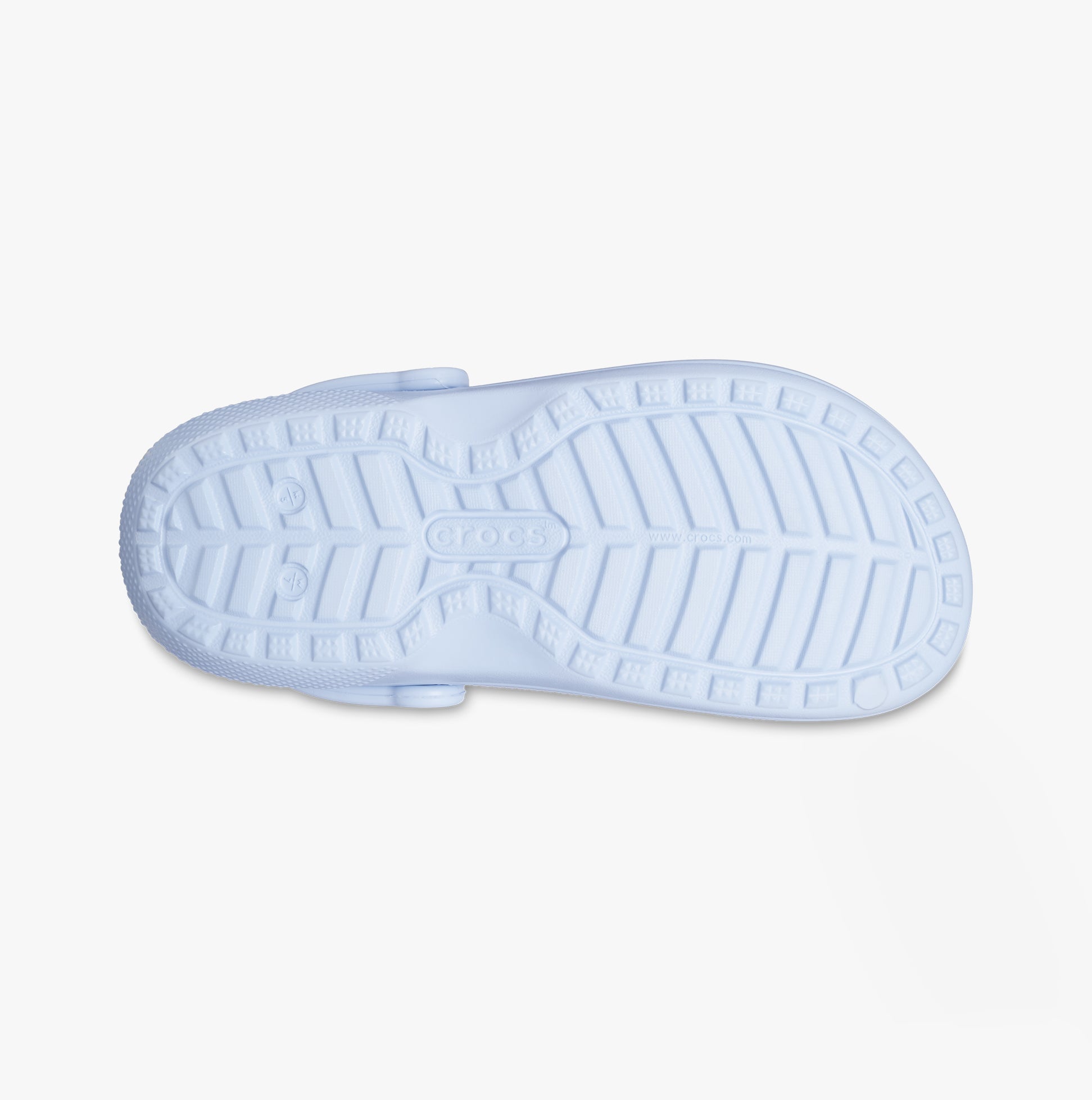 Crocs 203591-4NS CLASSIC LINED Womens Clogs Blue Calcite bottom view showing the flat sole design and traction pattern.