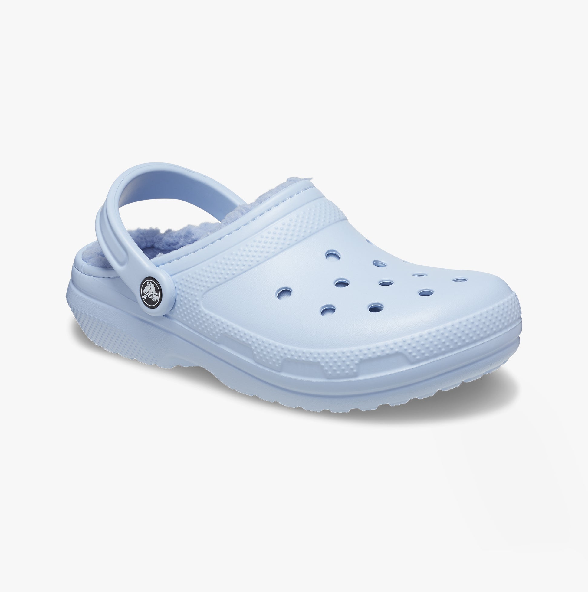 Crocs 203591-4NS CLASSIC LINED Womens Clogs Blue Calcite side view with faux fur lining and Croslite sole.