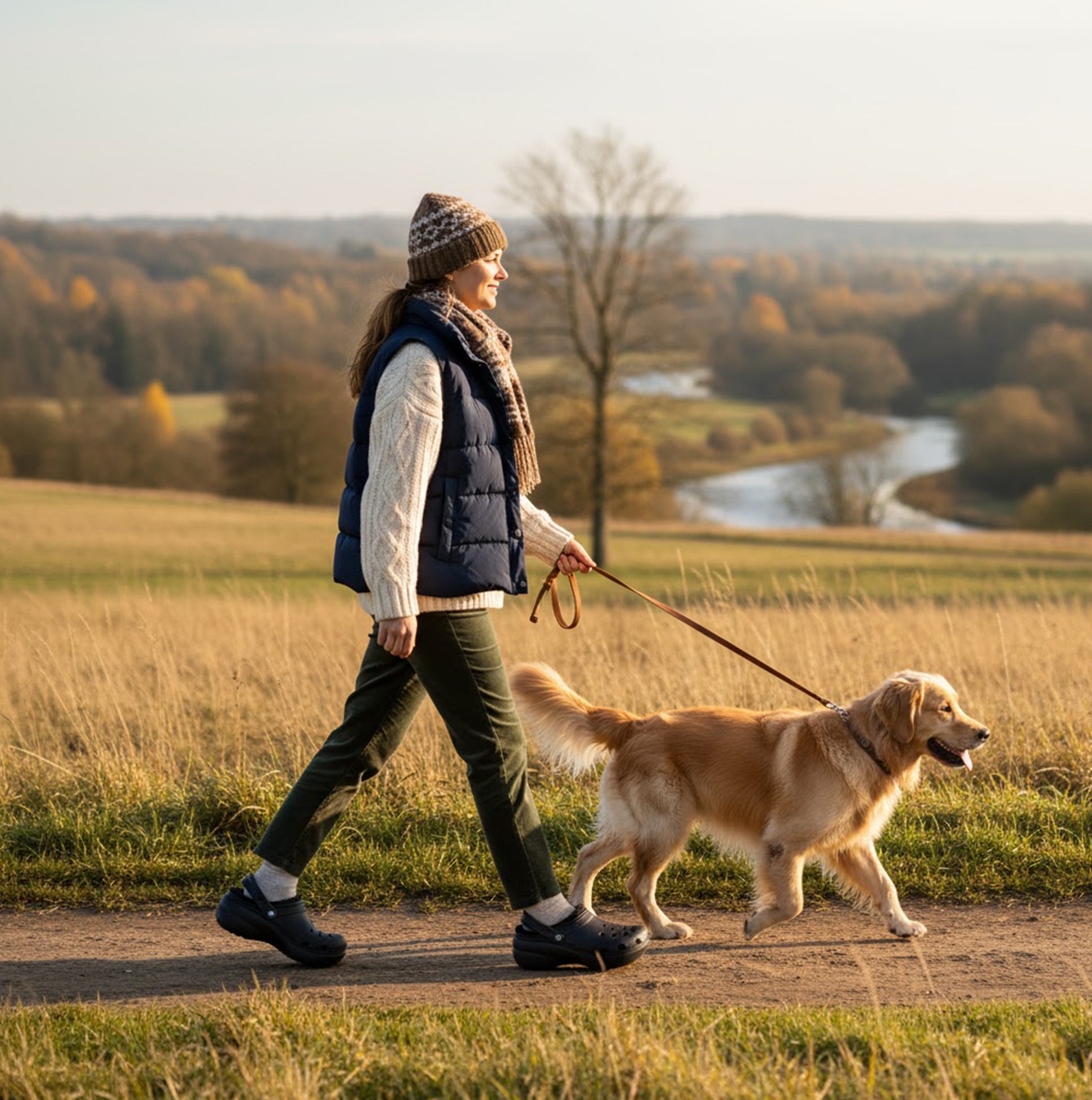 Crocs 207938-001 CLASSIC PLATFORM LINED Womens Clogs Black worn by a woman walking a dog in a scenic landscape.