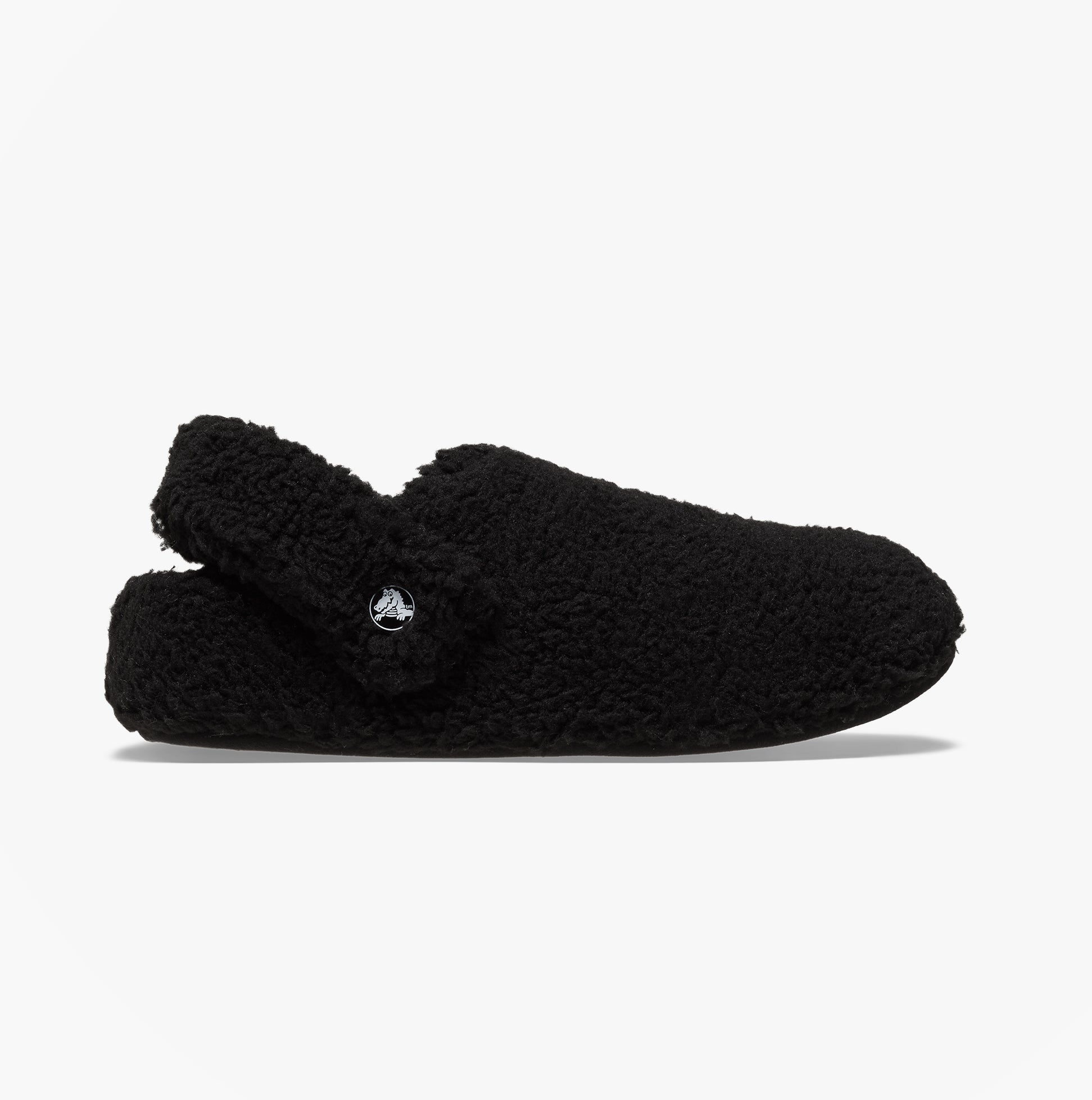 Crocs CLASSIC COZZZY Unisex Slippers Black side view showing faux fur upper and slingback design.