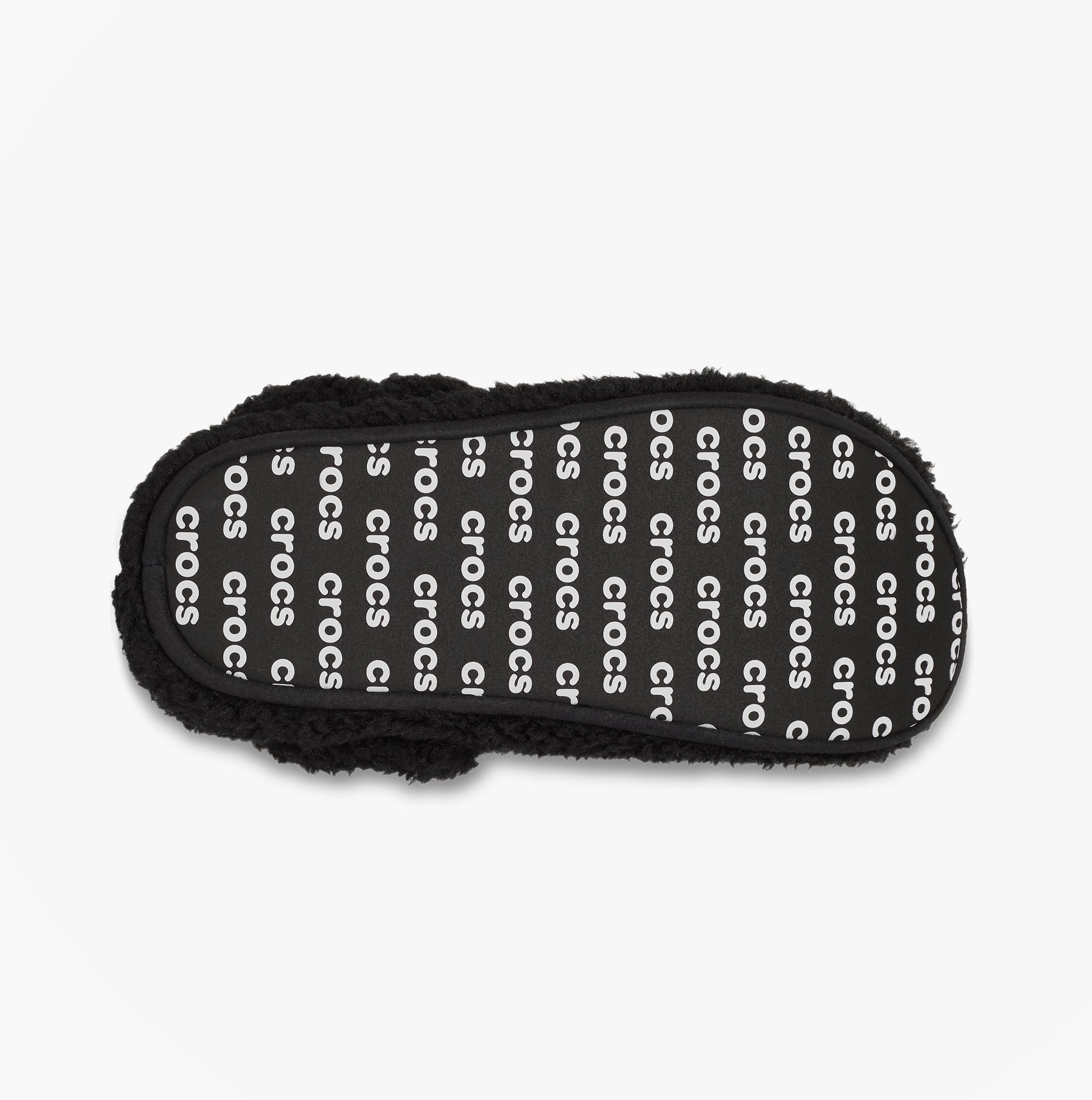 Top view of Crocs CLASSIC COZZZY Unisex Slippers Black showcasing faux fur lining and printed logo pattern.