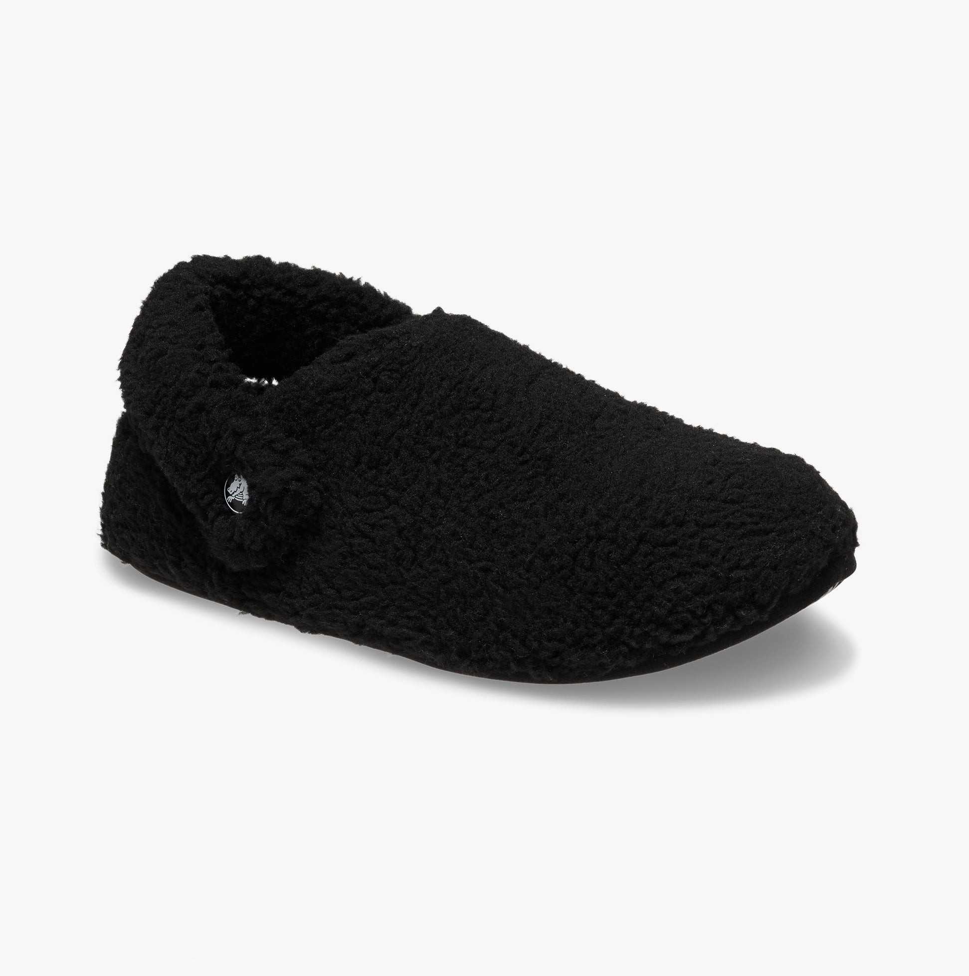 Crocs CLASSIC COZZZY Unisex Slippers Black side view with faux fur upper and round toe.