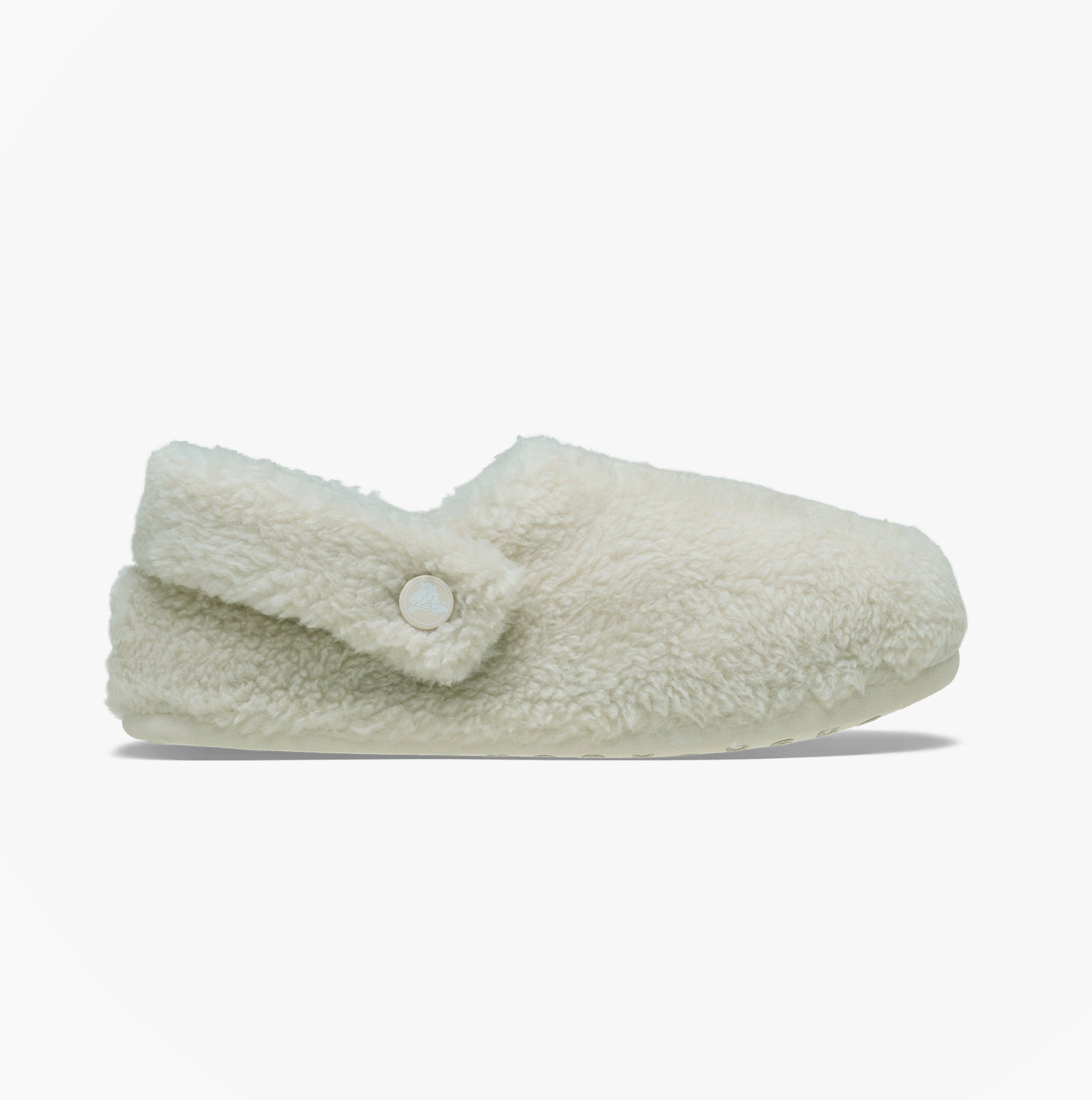Crocs CLASSIC COZZZY Unisex Slippers Stucco side view of plush faux fur slippers with a slingback closure.