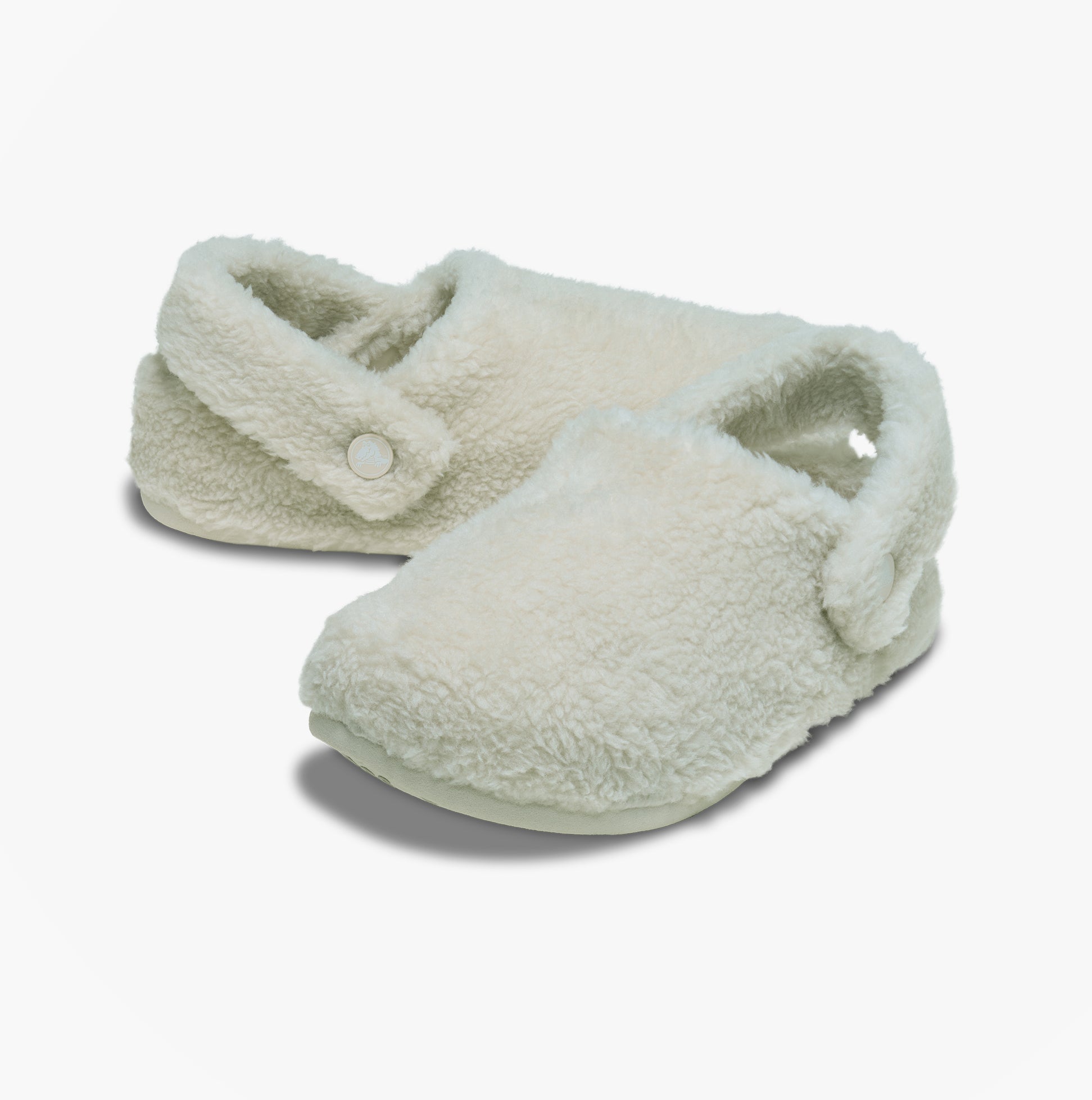 Crocs CLASSIC COZZZY Unisex Slippers Stucco side view of soft faux fur slippers in light color