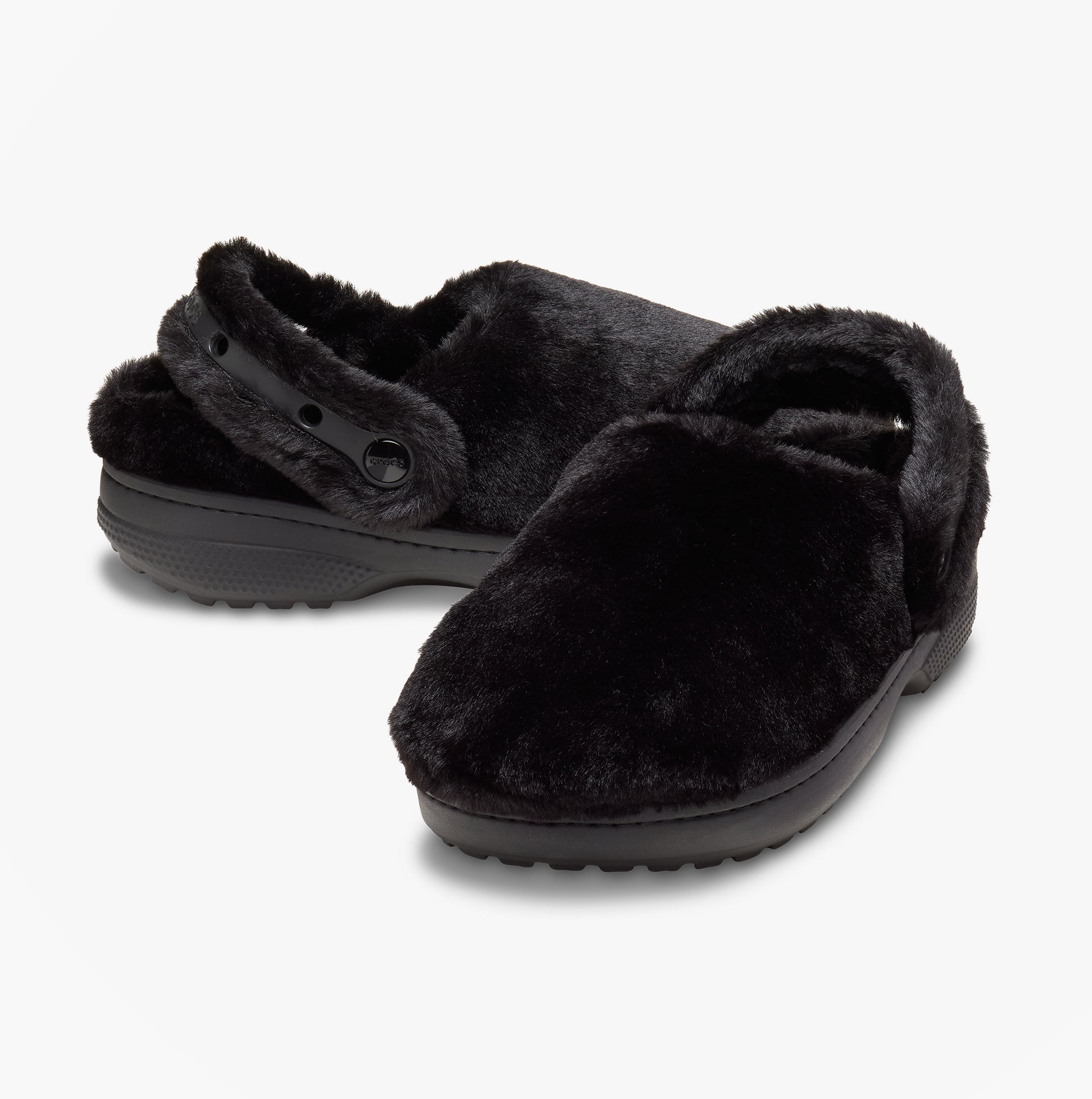 Crocs CLASSIC UNFURGETTABLE Womens Clogs Black side view, faux fur material and slingback design.