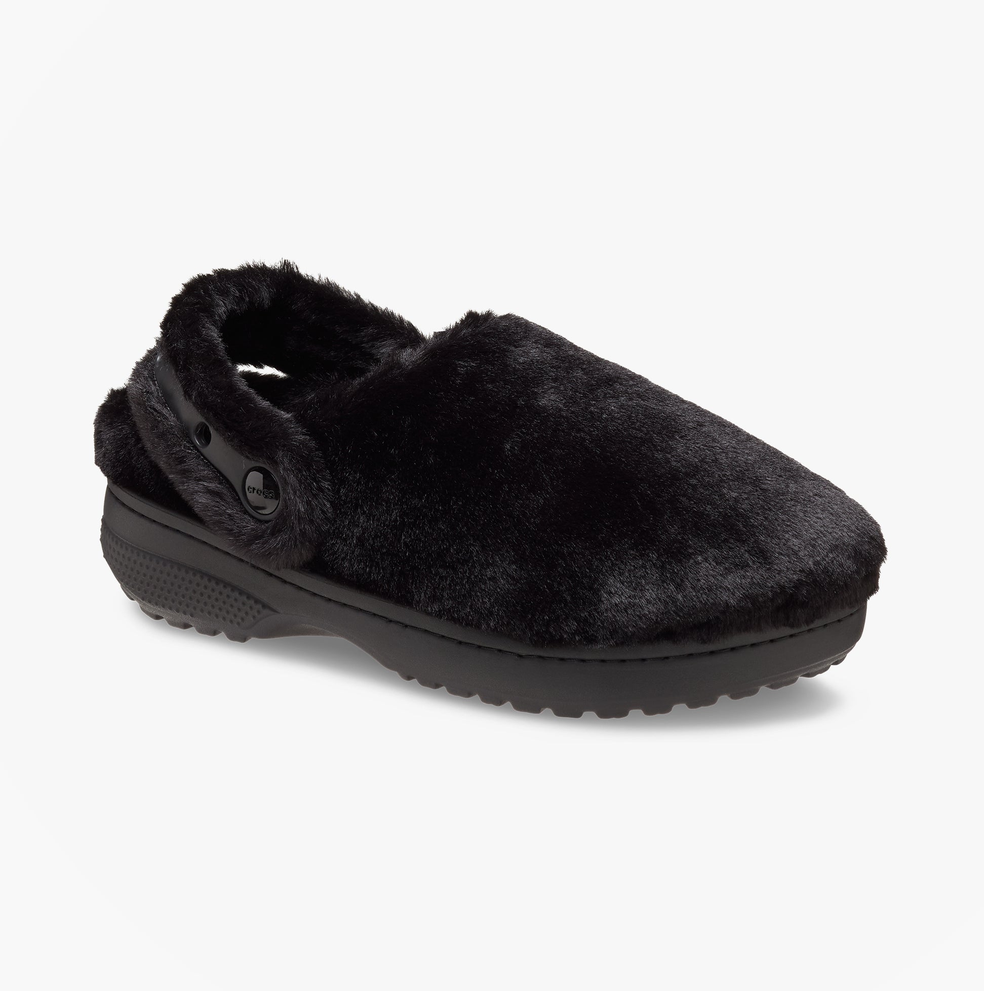 Crocs CLASSIC UNFURGETTABLE Womens Clogs Black side view showing faux fur upper and padded footbed
