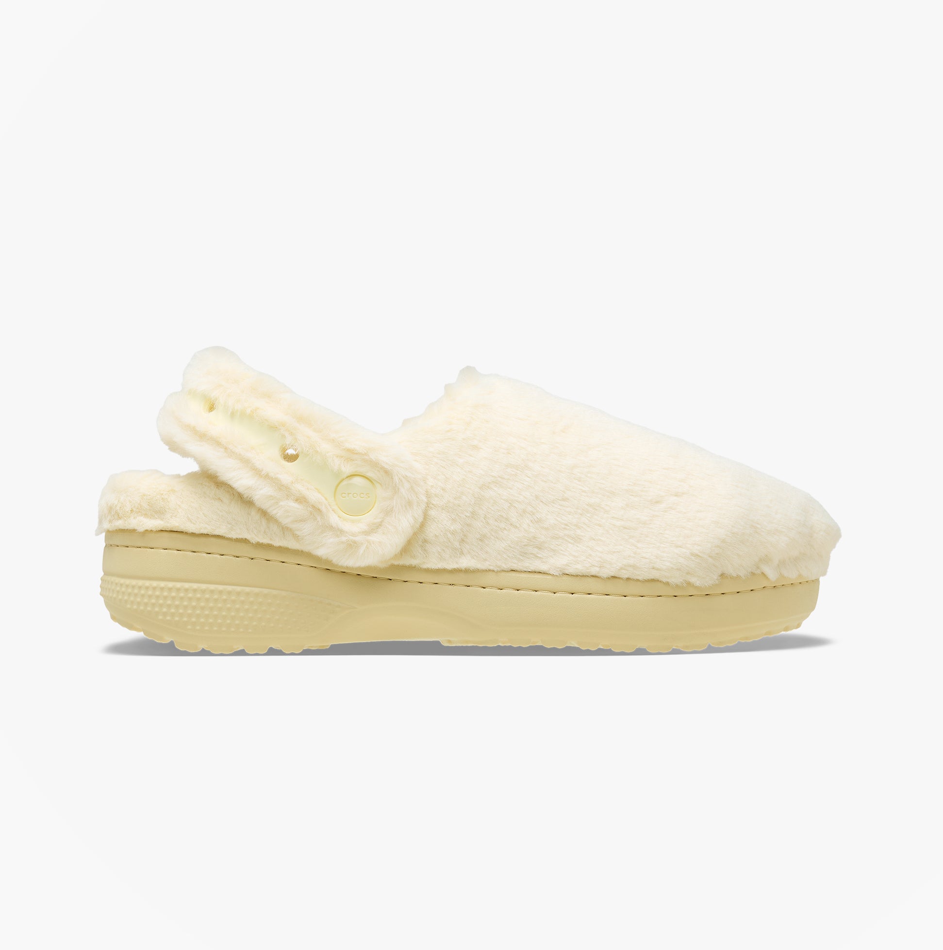 Crocs CLASSIC UNFURGETTABLE Womens Clogs Vanilla side view with faux fur upper and slingback design.