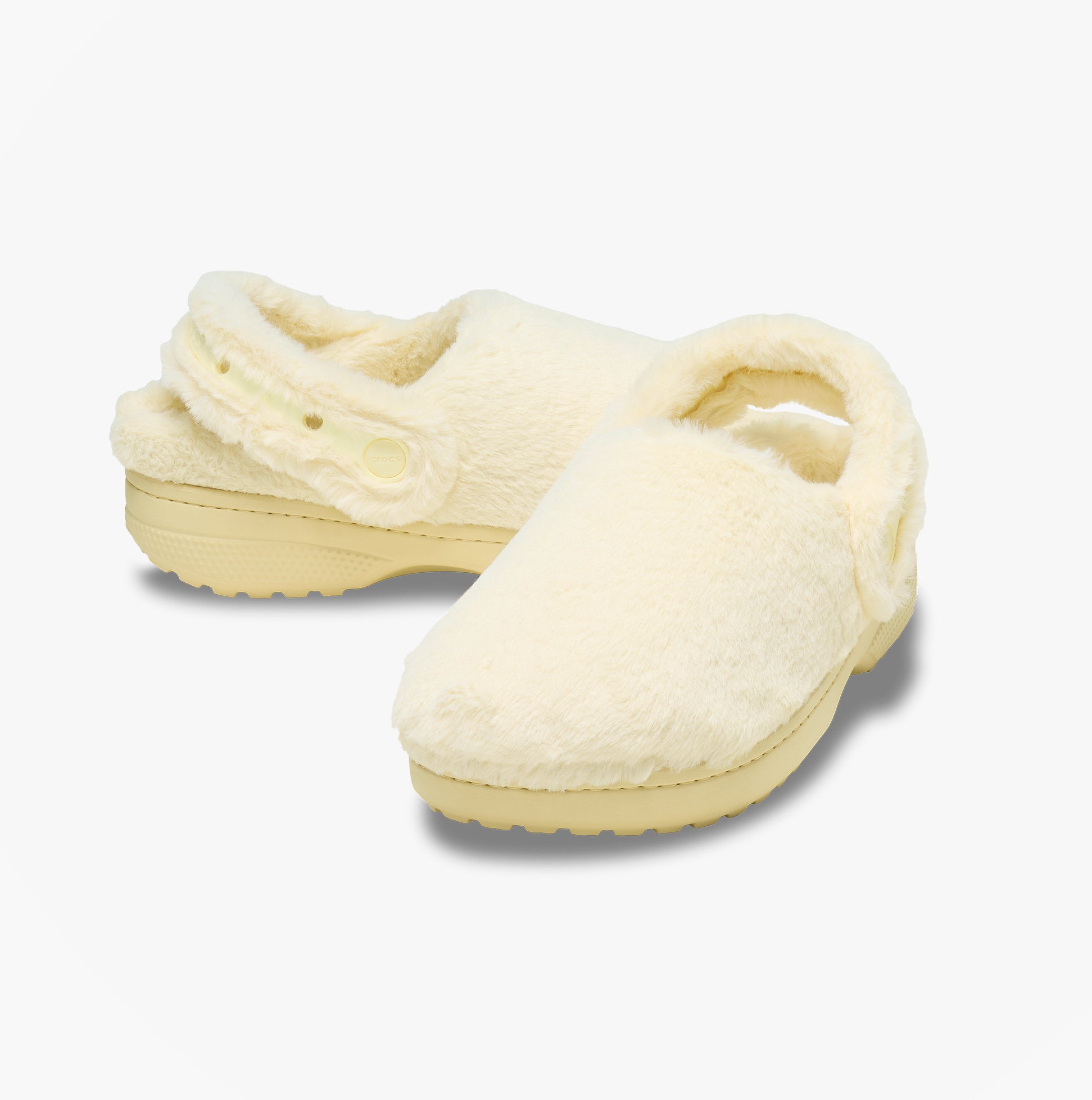 Crocs CLASSIC UNFURGETTABLE Womens Clogs Vanilla side view showcasing faux fur upper and slingback design.