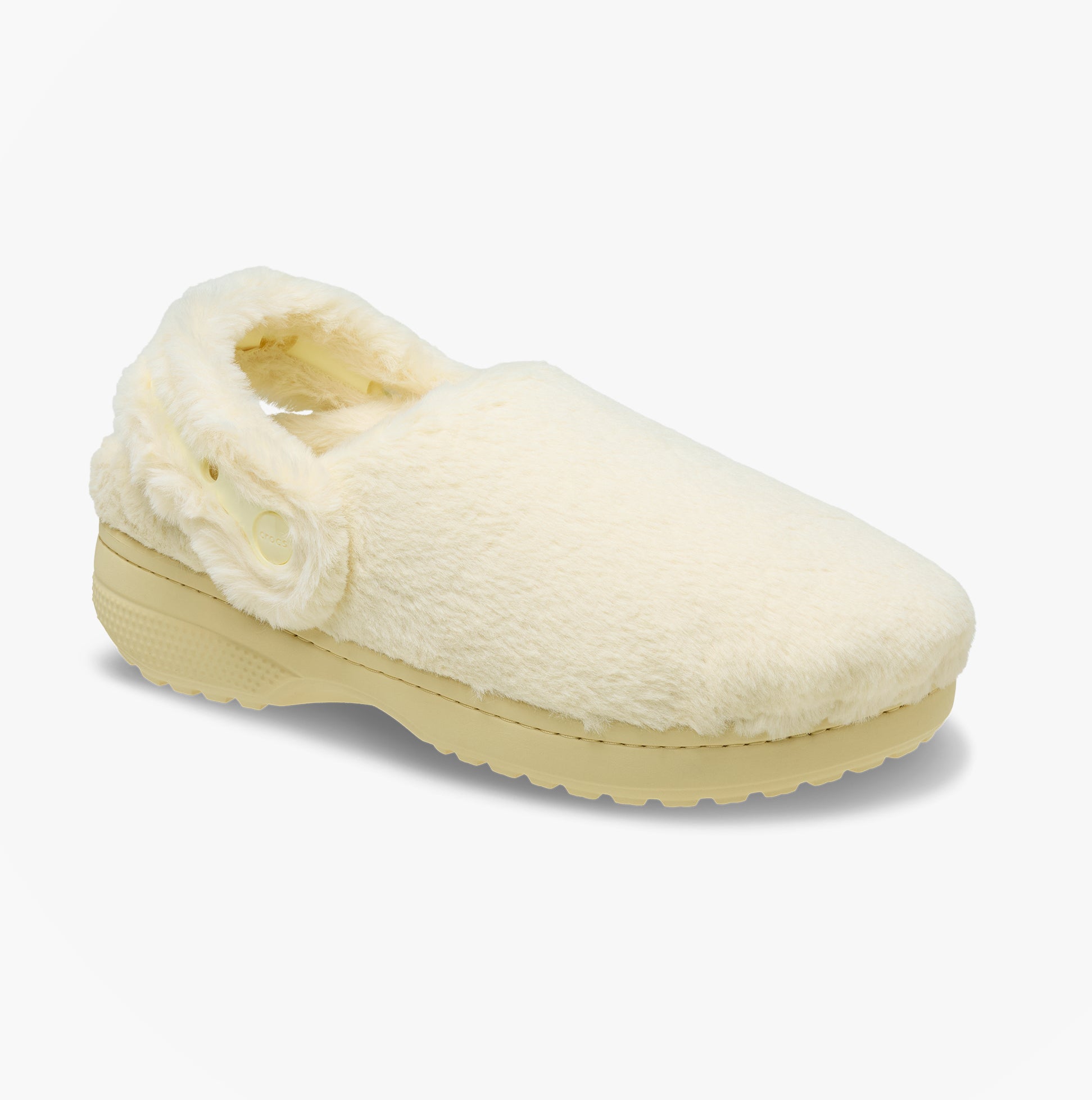 Crocs CLASSIC UNFURGETTABLE Womens Clogs Vanilla side view, featuring soft faux fur and a lightweight design.