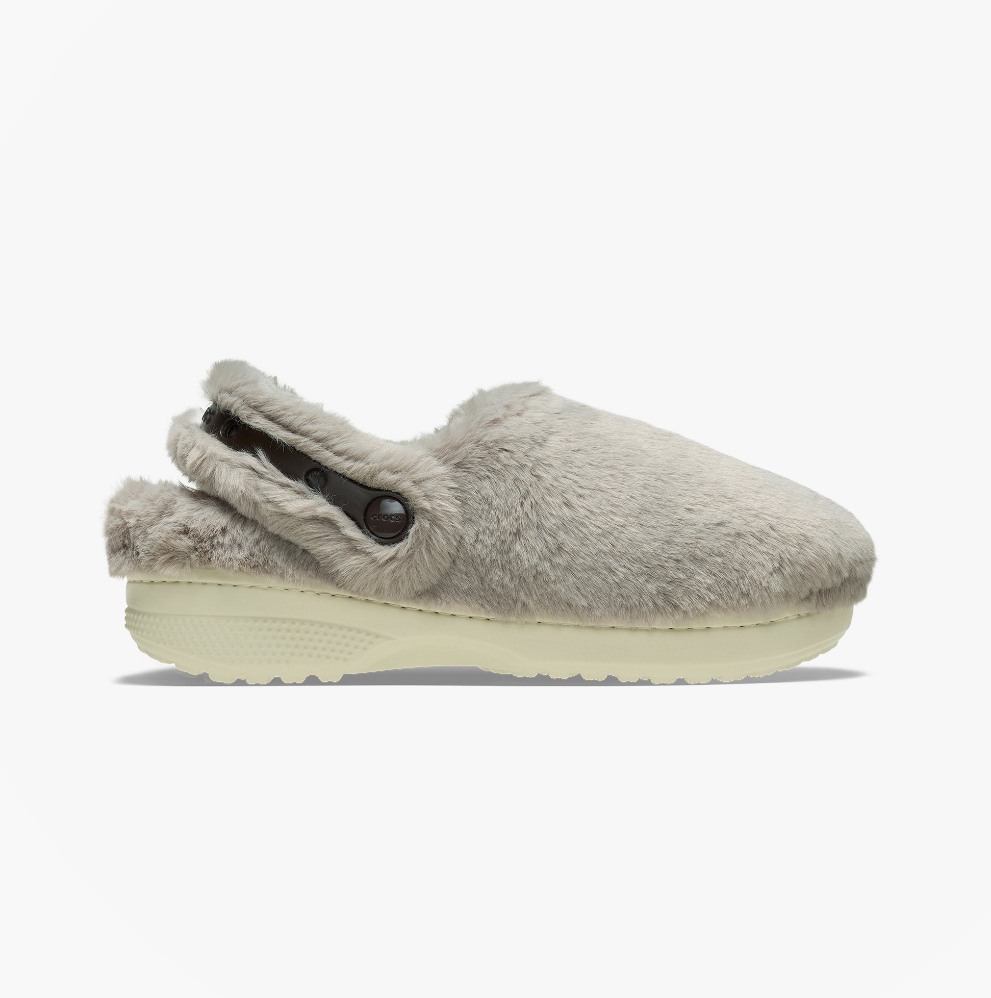 Crocs CLASSIC UNFURGETTABLE Womens Clogs Mushroom side view with faux fur upper and padded footbed.