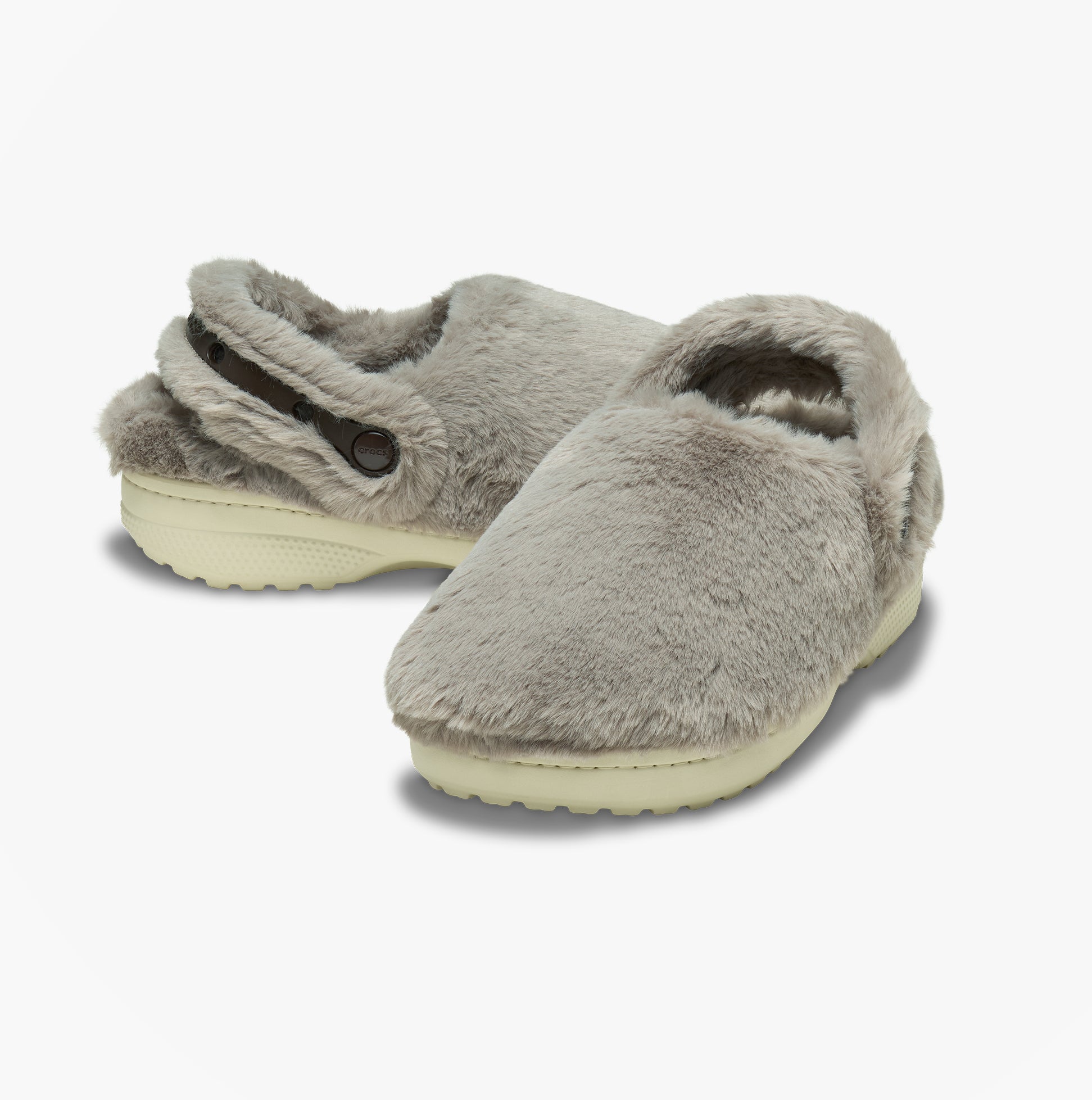 Crocs CLASSIC UNFURGETTABLE Womens Clogs Mushroom, side view, faux fur slippers with slingback closure.
