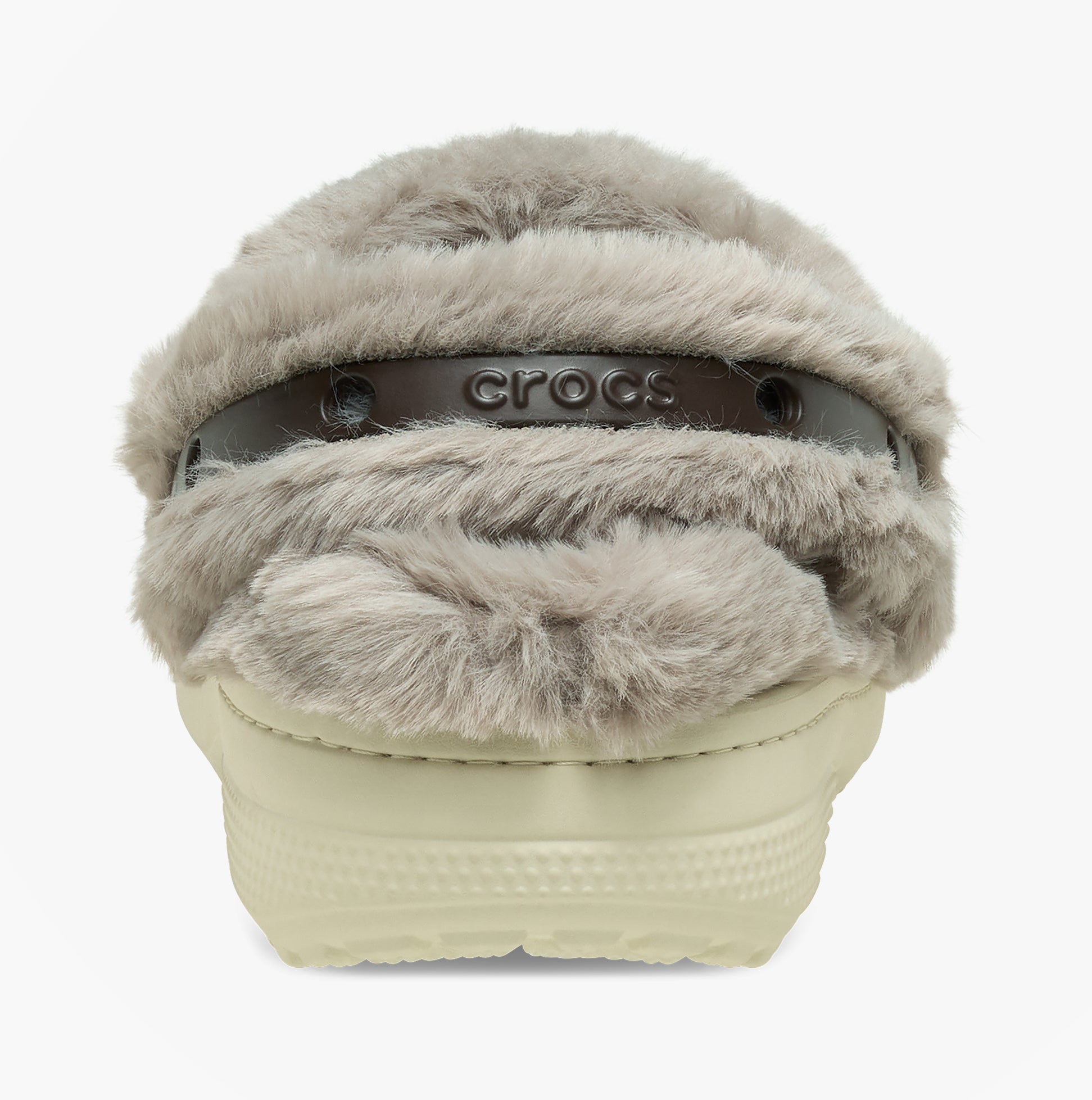 Crocs CLASSIC UNFURGETTABLE Womens Clogs Mushroom rear view showing faux fur lining and slingback closure.