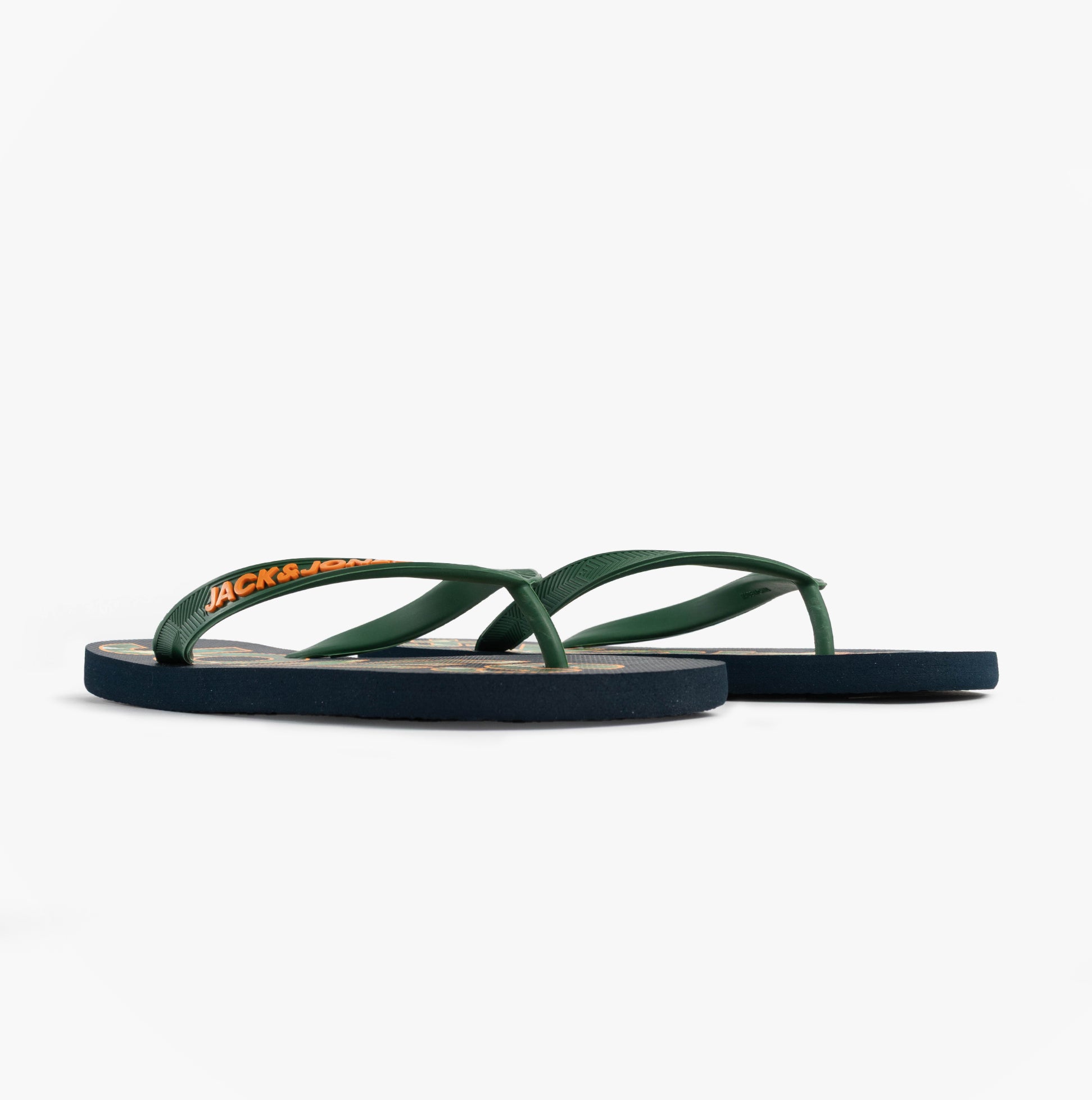 Jack & Jones LOGO PALM PRINT Mens Flip-Flops Navy Blazer side view showing green straps and blue sole.
