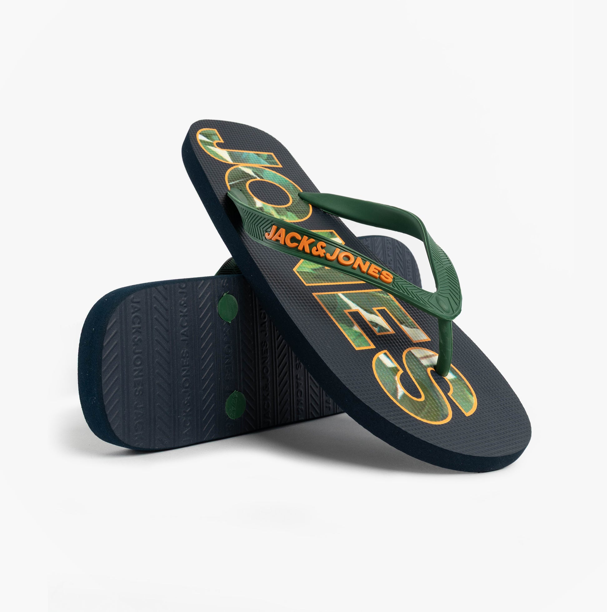 Jack & Jones LOGO PALM PRINT Mens Flip-Flops Navy Blazer side view featuring green straps and bold logo design.