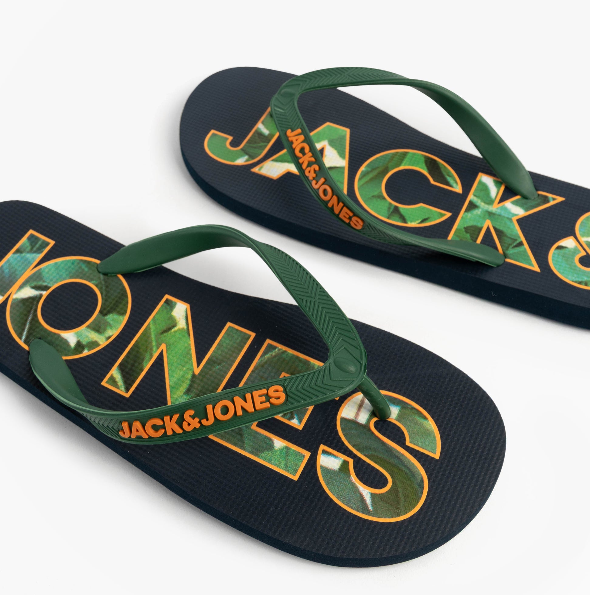 Jack & Jones LOGO PALM PRINT Mens Flip-Flops Navy Blazer top view showcasing logo and palm print design.
