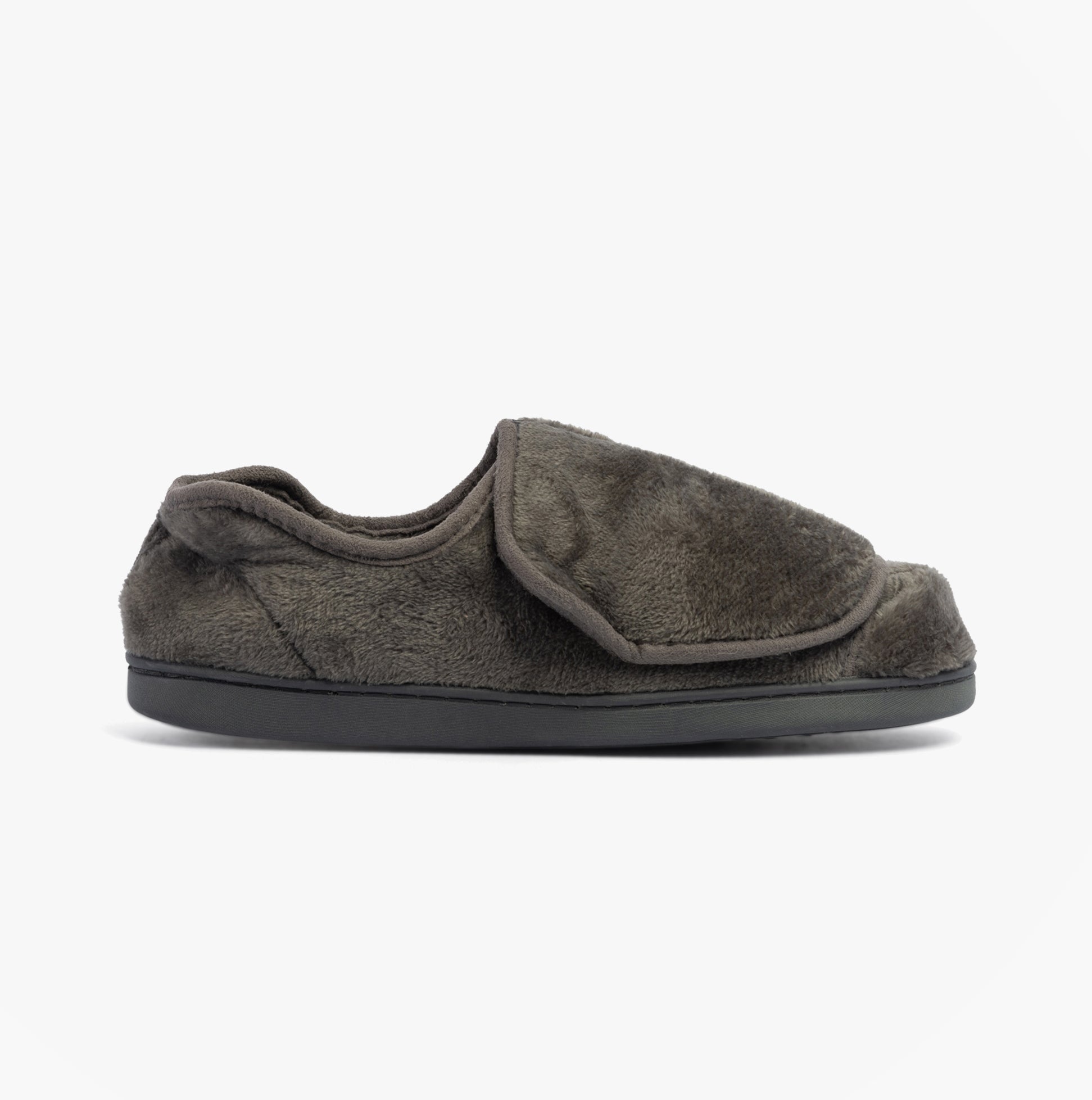 Side view of Dr Keller DR VELVIT Womens Slippers Grey with faux fur upper and touch fasten closure.