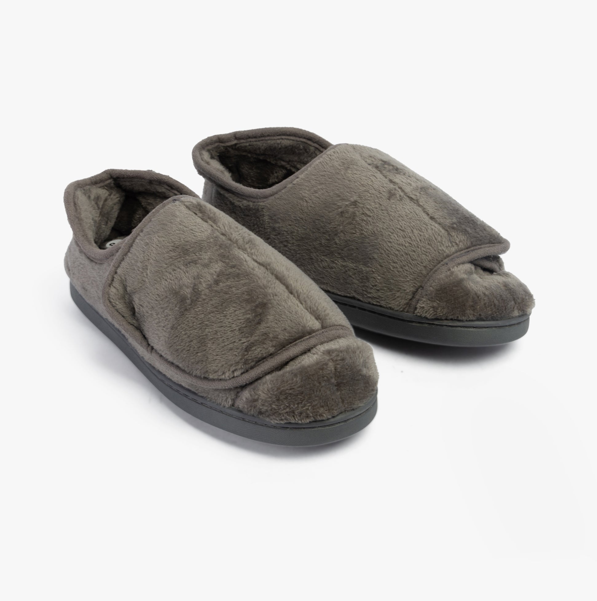 Dr Keller DR VELVIT Womens Slippers Grey side view showing Velcro fasten and faux fur material.
