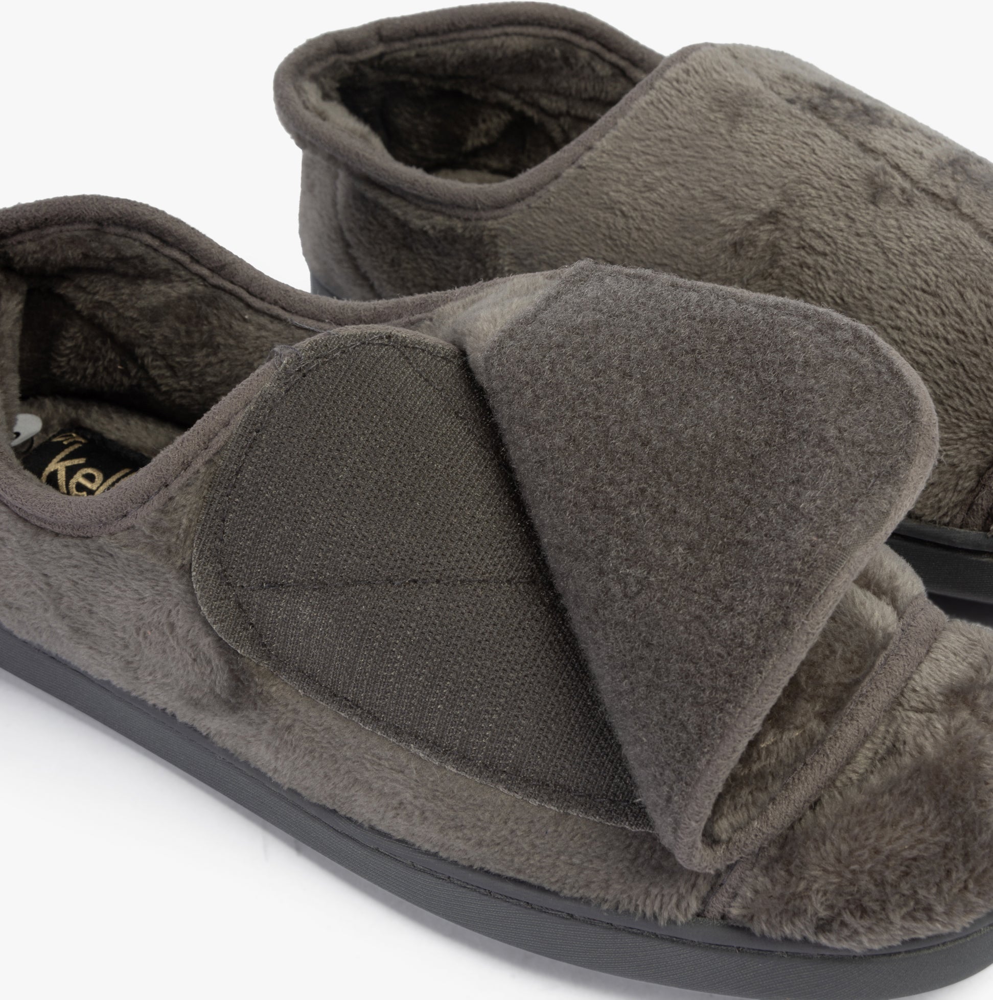 Dr Keller DR VELVIT Womens Slippers Grey side view showcasing touch fasten velcro faux fur material