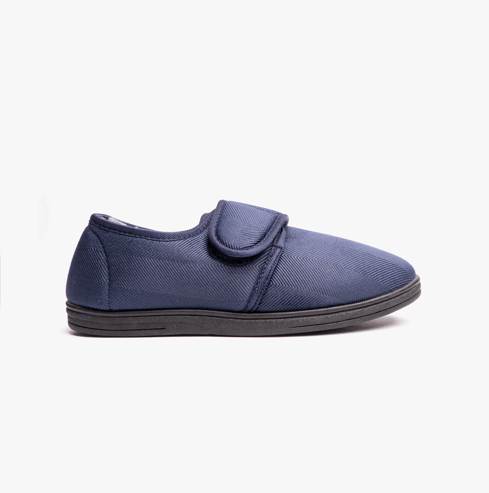 Dr Keller TOM Mens Full Slippers Navy side view with touch fasten design and synthetic material.