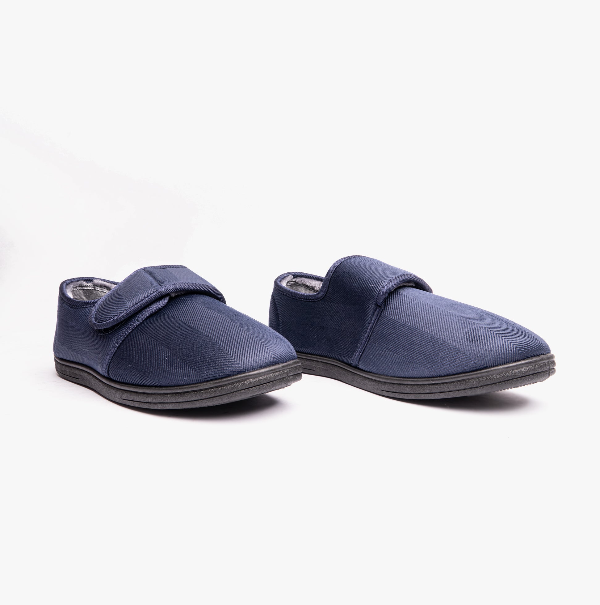 Dr Keller TOM Mens Full Slippers Navy side view showcasing touch fasten Velcro closure and synthetic material.