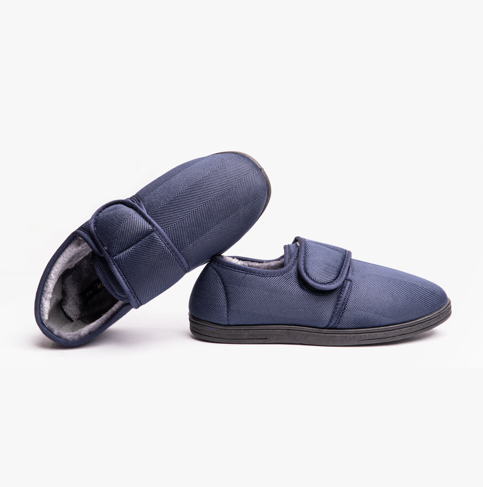 Dr Keller TOM Mens Full Slippers Navy side view with touch fasten strap and round toe shape.