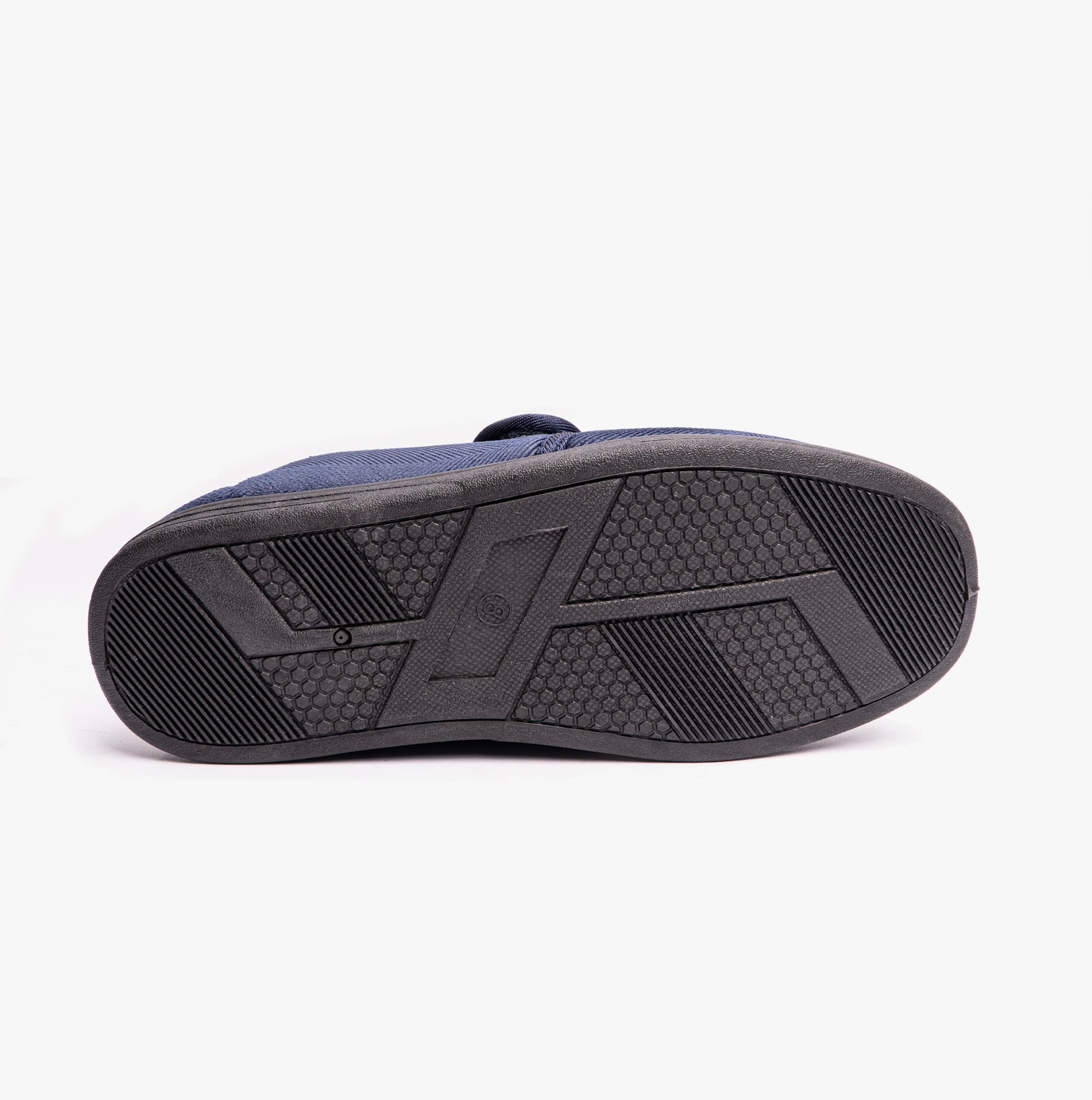 Dr Keller TOM Mens Full Slippers Navy bottom view showcasing the synthetic sole with unique tread design.