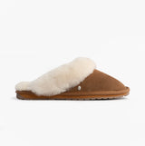 EMU Australia JOLIE Womens Mule Sheepskin Slippers Chestnut side view showing soft sheepskin upper and rubber sole.