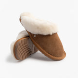 EMU Australia JOLIE Womens Mule Sheepskin Slippers Chestnut side view showing soft sheepskin lining and rubber sole.