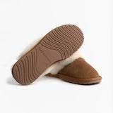 EMU Australia JOLIE Womens Mule Sheepskin Slippers Chestnut, bottom view showcasing rubber sole and sheepskin lining.