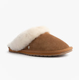 EMU Australia JOLIE Womens Mule Sheepskin Slippers Chestnut side view showing soft sheepskin upper and rubber sole.