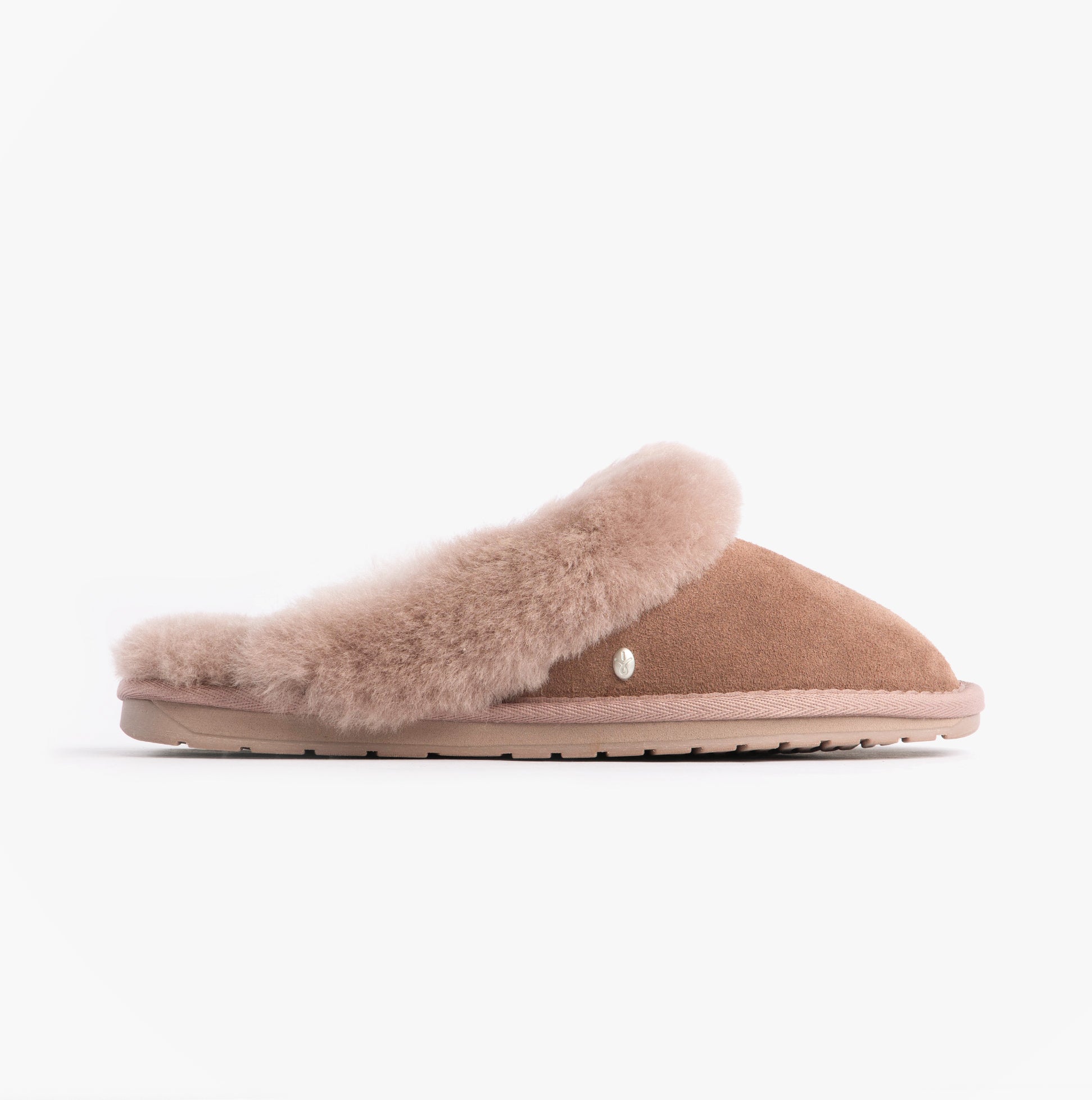 EMU Australia JOLIE Womens Mule Sheepskin Slippers Mocha side view showing soft sheepskin upper and rubber sole.
