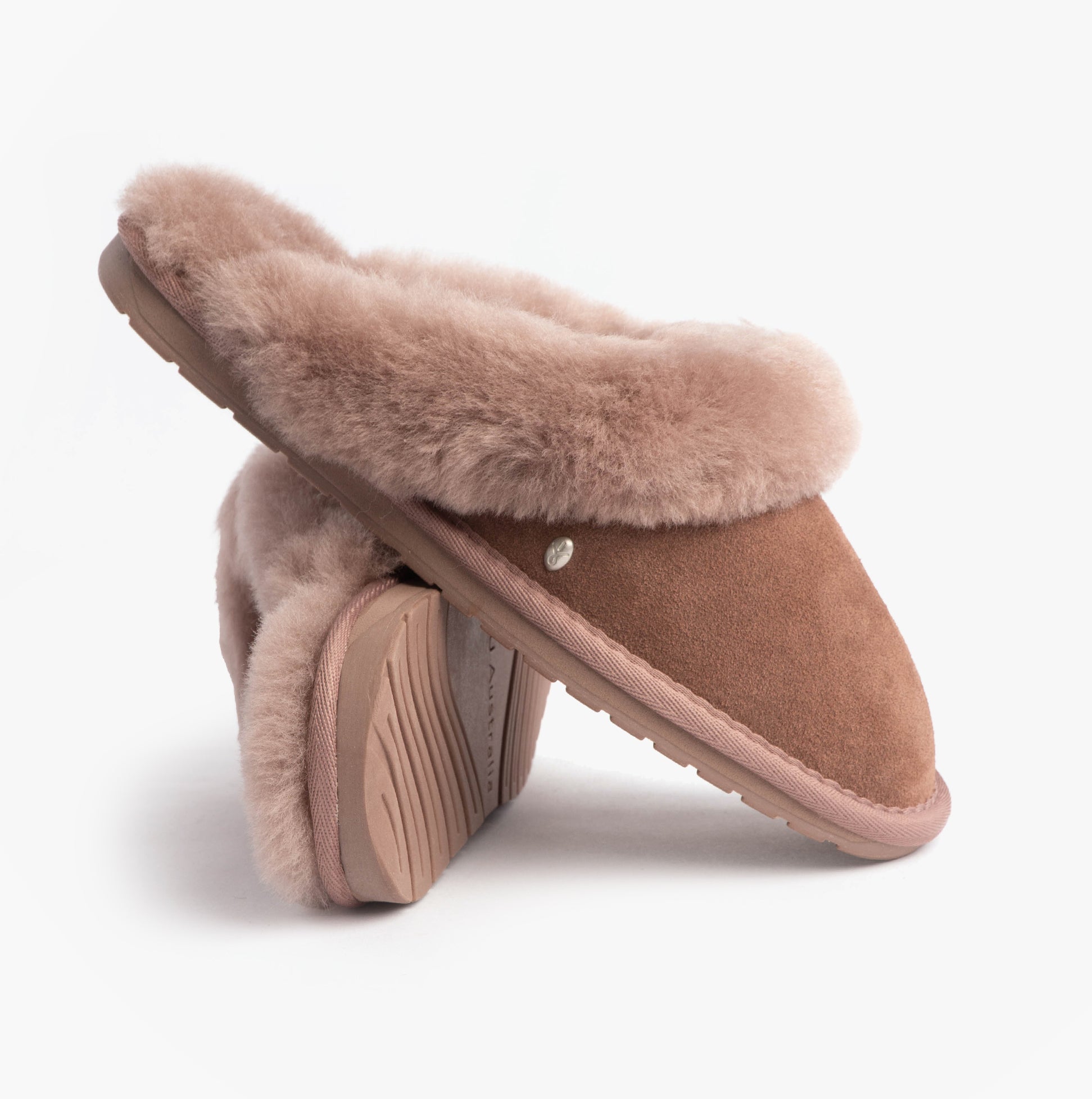 EMU Australia JOLIE Womens Mule Sheepskin Slippers Mocha side view showcasing soft sheepskin upper and rubber sole.