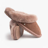 EMU Australia JOLIE Womens Mule Sheepskin Slippers Mocha side view showcasing soft sheepskin upper and rubber sole.
