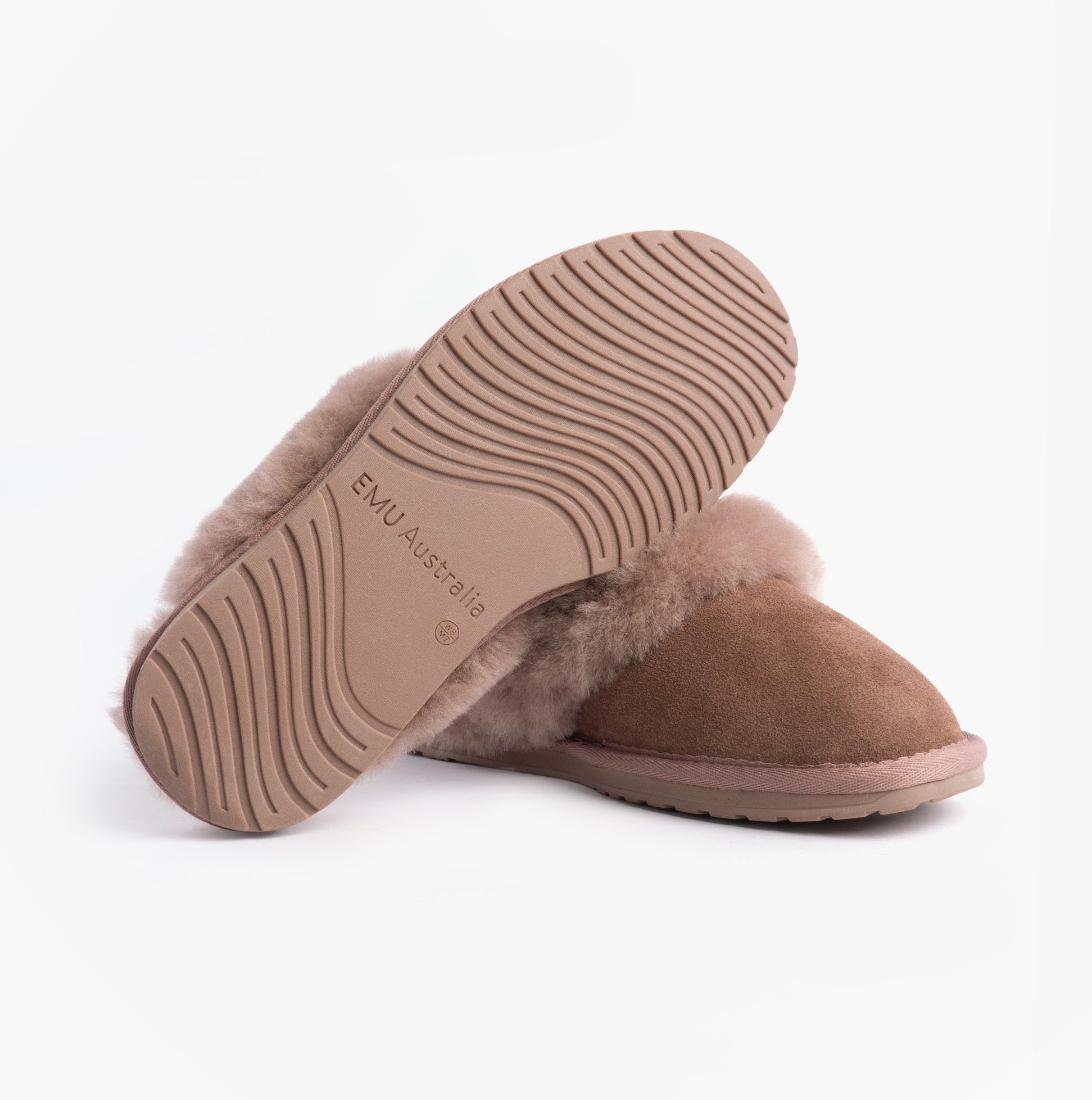 EMU Australia JOLIE Womens Mule Sheepskin Slippers Mocha, bottom view showing rubber sole and sheepskin upper.