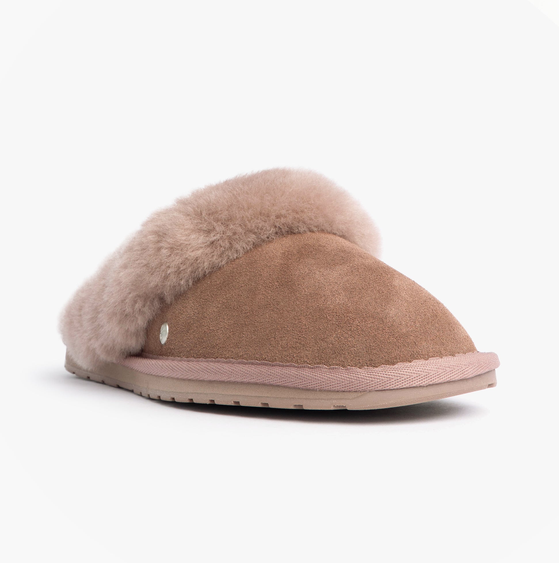 EMU Australia JOLIE Womens Mule Sheepskin Slippers Mocha side view with plush lining and rubber sole.