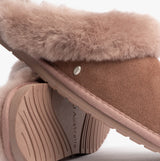 EMU Australia JOLIE Womens Mule Sheepskin Slippers Mocha close-up view showcasing soft sheepskin lining and rubber sole.